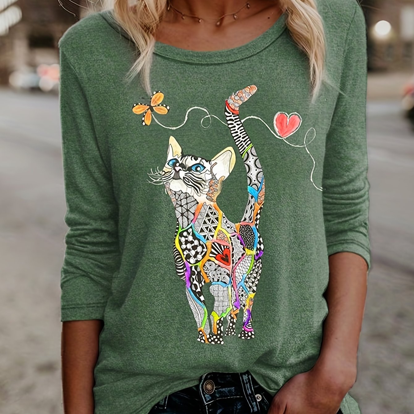 Image of Cat Print Crew Neck T-shirt, Casual Long Sleeve T-shirt For Spring & Fall, Women's Clothing