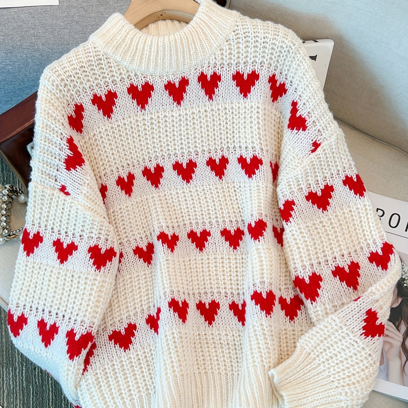 Heart Pattern Knit Sweater Casual High Neck Long Sleeve - Temu