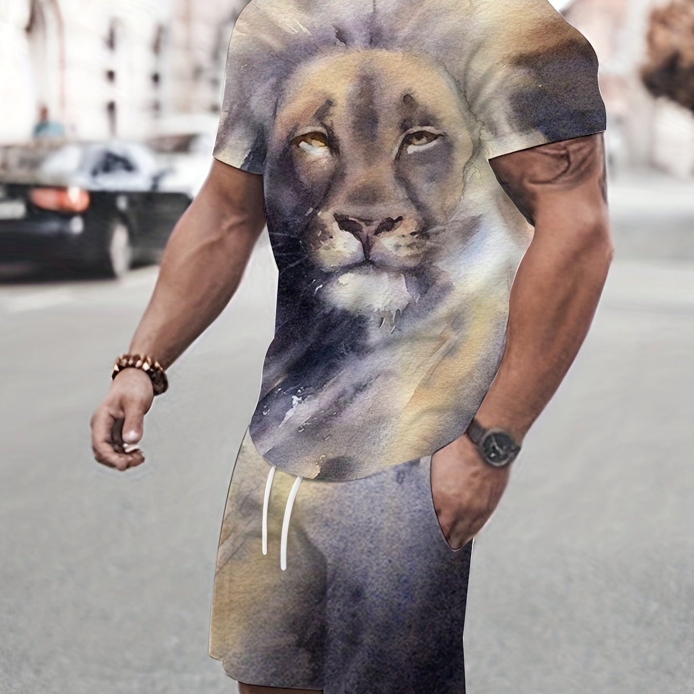 Fashion Men's Oversized Clothes Vintage Tshirt And Shorts Set Men Tracksuit  2 Piece Set Summer Lion Printed Men Sets Short Outfits(#TS1426)