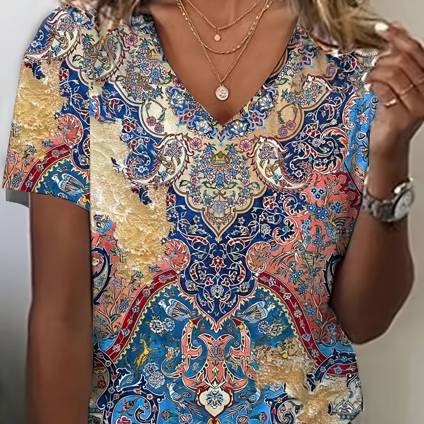 New Arrival Women's Vintage Ethnic Style Casual Comfortable Short Sleeve V-neck T-shirt