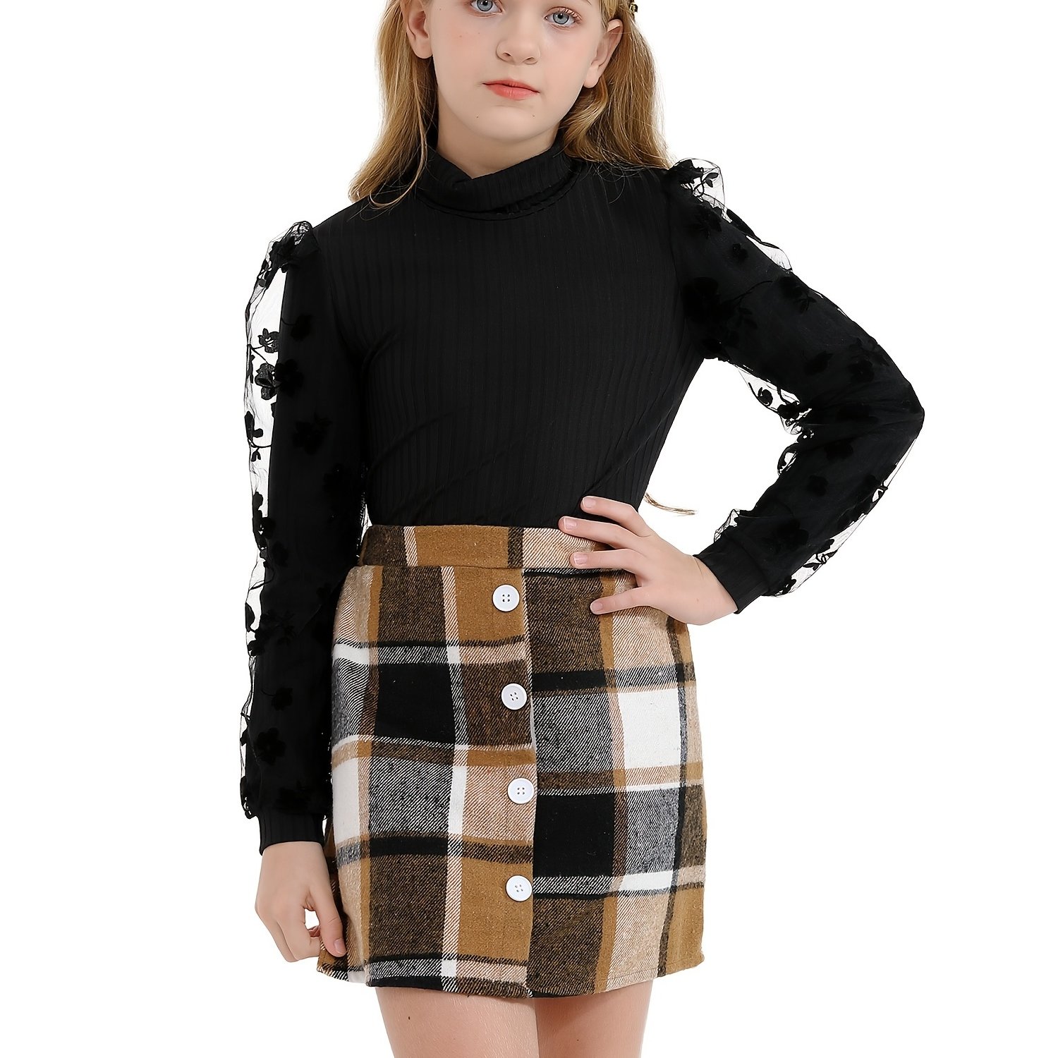 Girls Ribbed Knitted Turtleneck Long Sleeve Top + Plaid Skirt Set Kids  Clothes