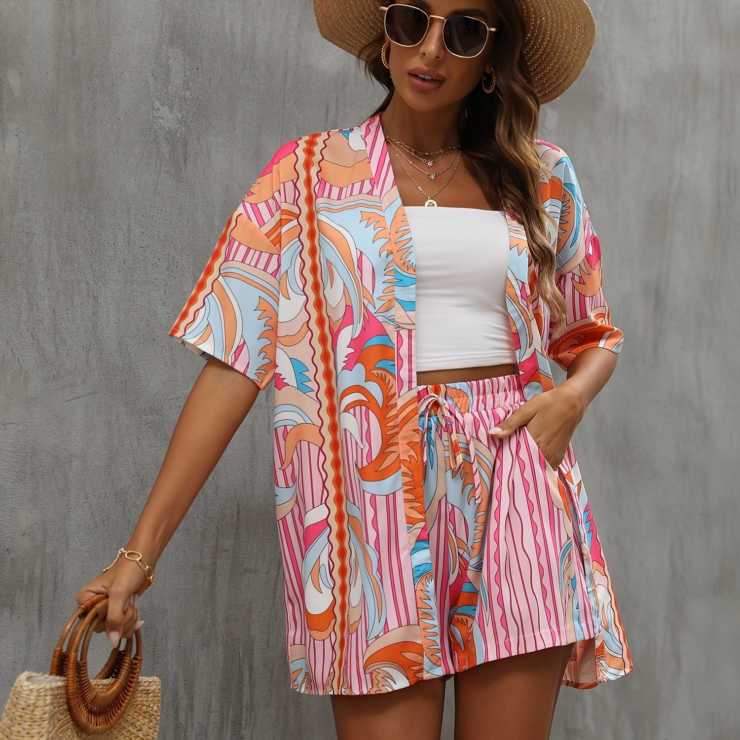 Boho Striped Graphic Print Vacation Two piece Set Open Front - Temu