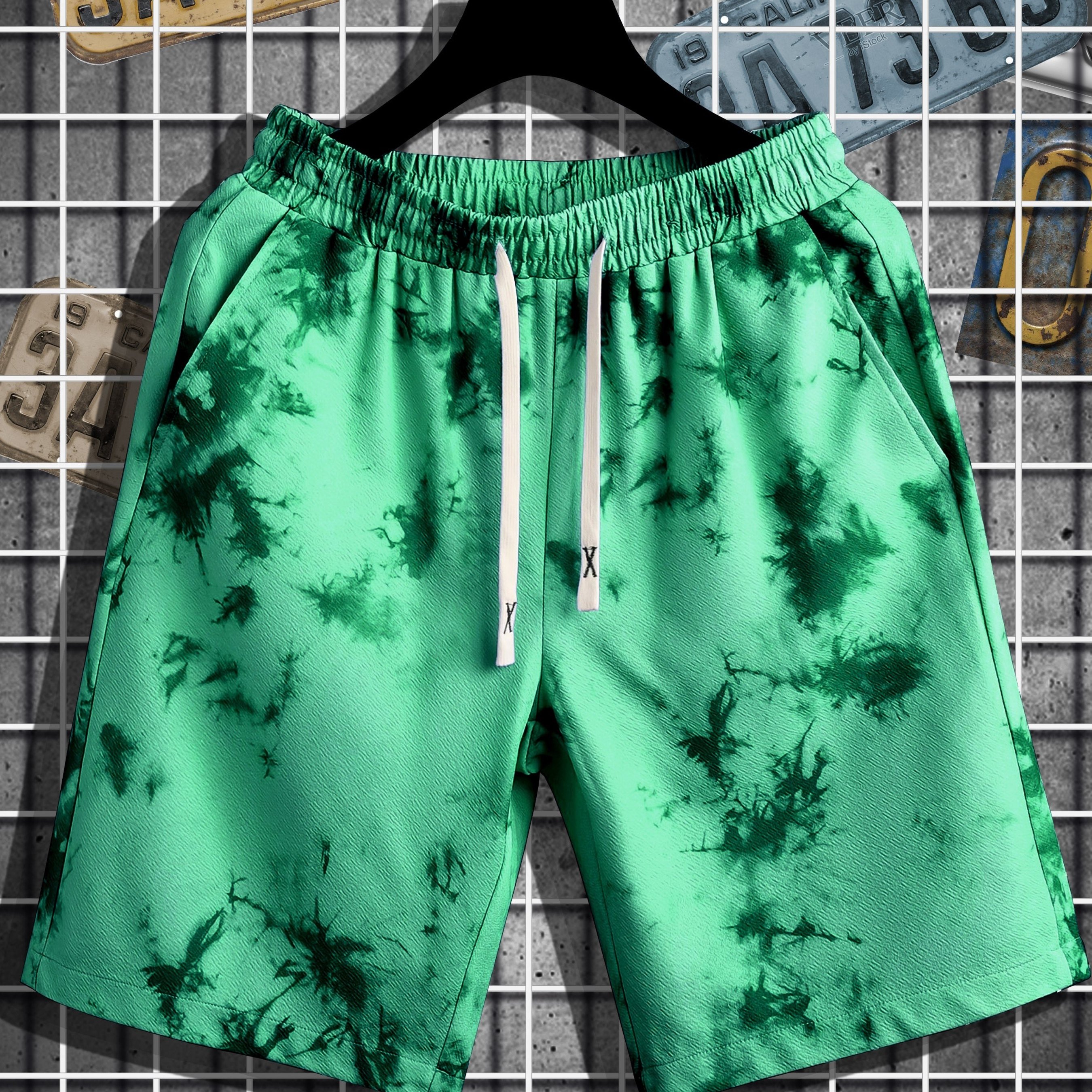 Men s Casual Tie Dye Pattern Slightly Stretch Drawstring Shorts Male 