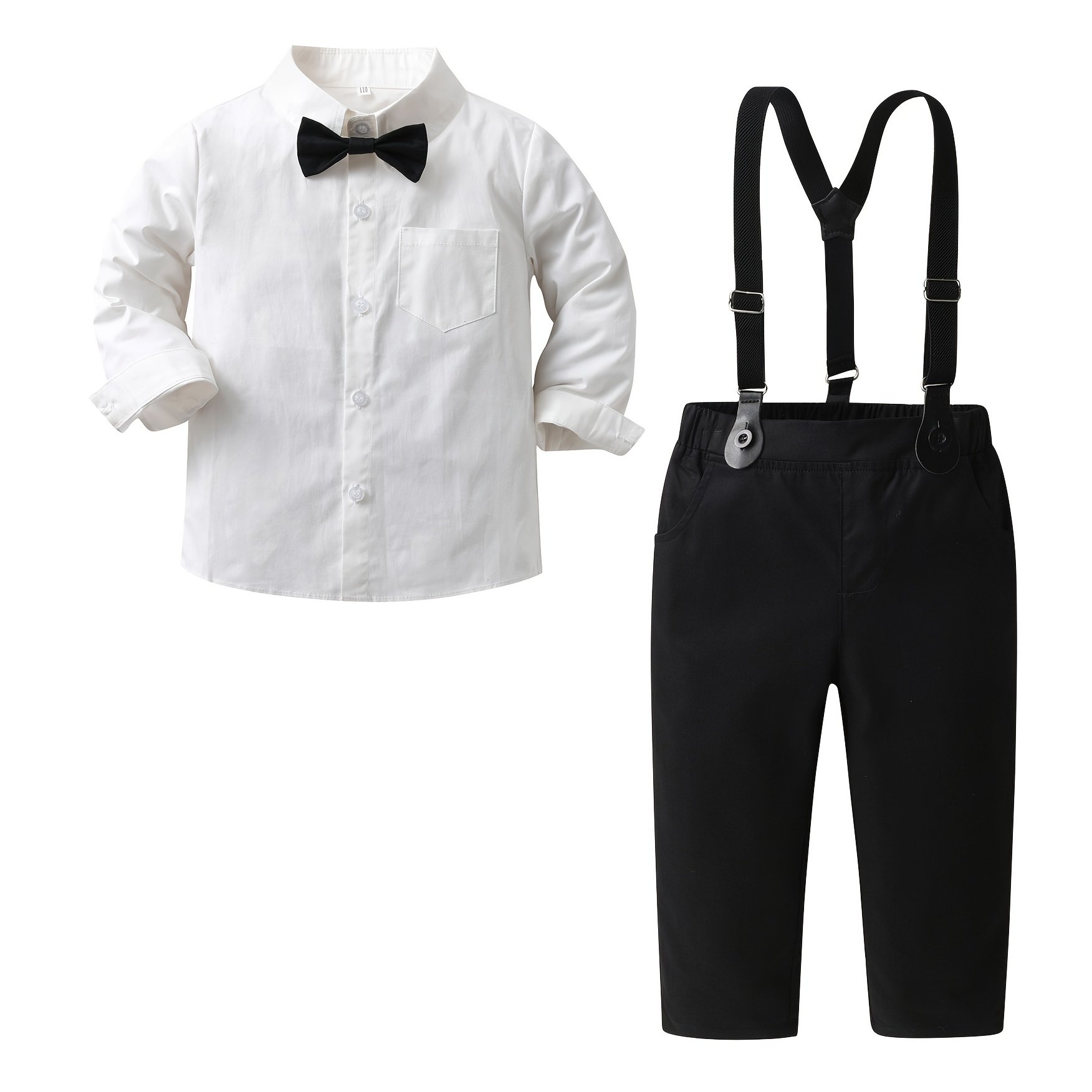 Image of Boys' Bow Tie Gentleman Casual Long Sleeve Shirt And Overalls Suit Tulle Dress Formal Performance Dress White Formal Long Sleeve Shirt And Trousers, For Outdoor, Christmas, Halloween