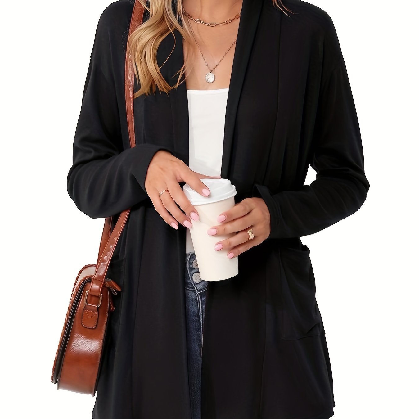 Image of Women's Cozy Cardigan - Long Sleeve Open Front Sweater With Pockets, Light Blue Casual Fall/winter Top For Casual Attire, Cozy Fall Apparel | Relaxed Fit Sweater | Construction, Sweater Cardigan
