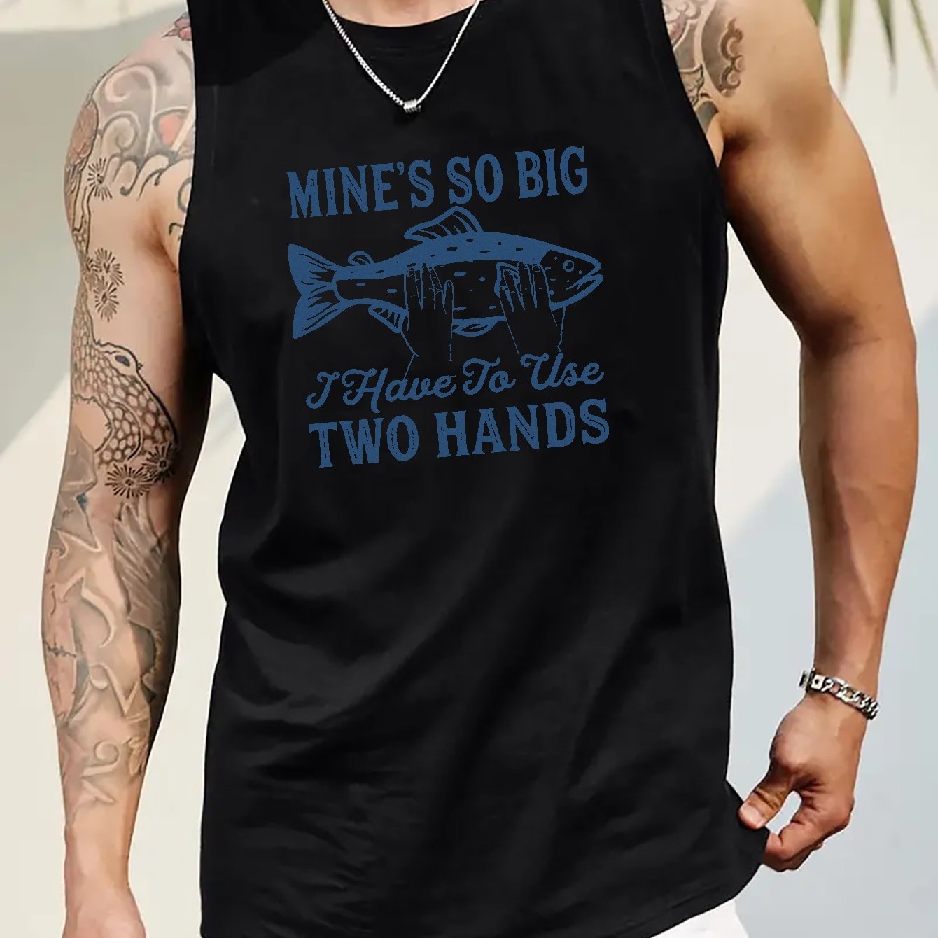 Plus Size Men's Fish In Hands Graphic Print Tank Top For Sports/fitness,  Summer Trendy Sleeveless Tees Oversized Tops For Males, Men Clothing