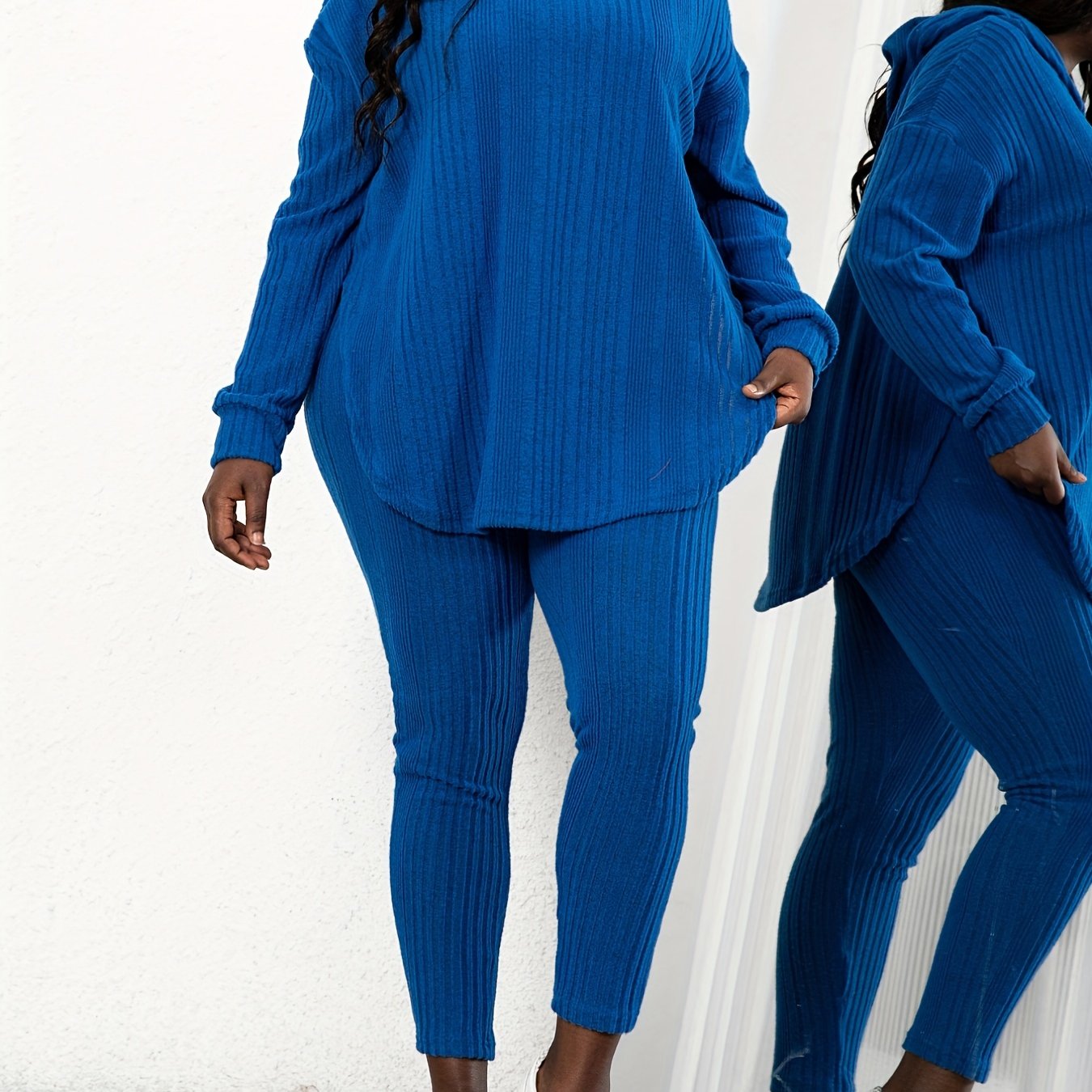 Plus Size Ribbed Solid Long Sleeve Hooded Top & Leggings Set, Women's Plus  High Stretch Casual 2pcs Set