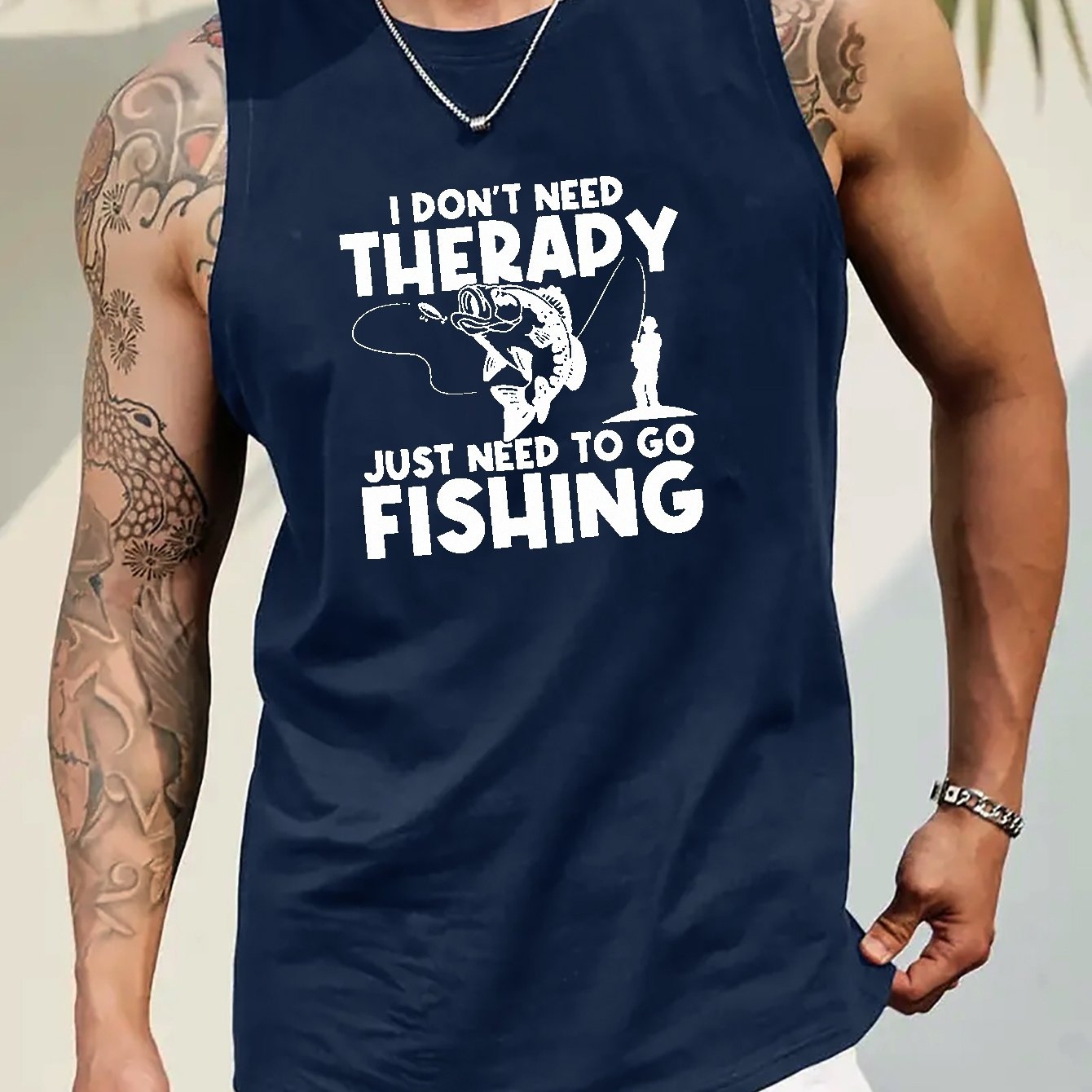 TEMU Plus Size Men's " Need, I Fishing" Graphic Tank Top - Navy Blue, 100% Polyester, Breathable & Stretchy, Machine Washable - Ideal For Sports & Outdoor Activities, Fishing T Shirt, Plus Size