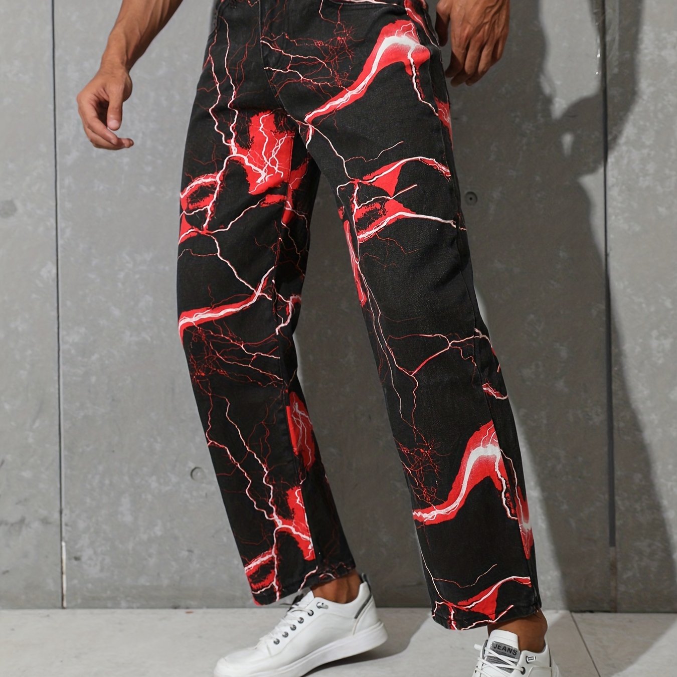 Lightning Pattern Wide Leg Jeans, Men's Casual Street Style Denim