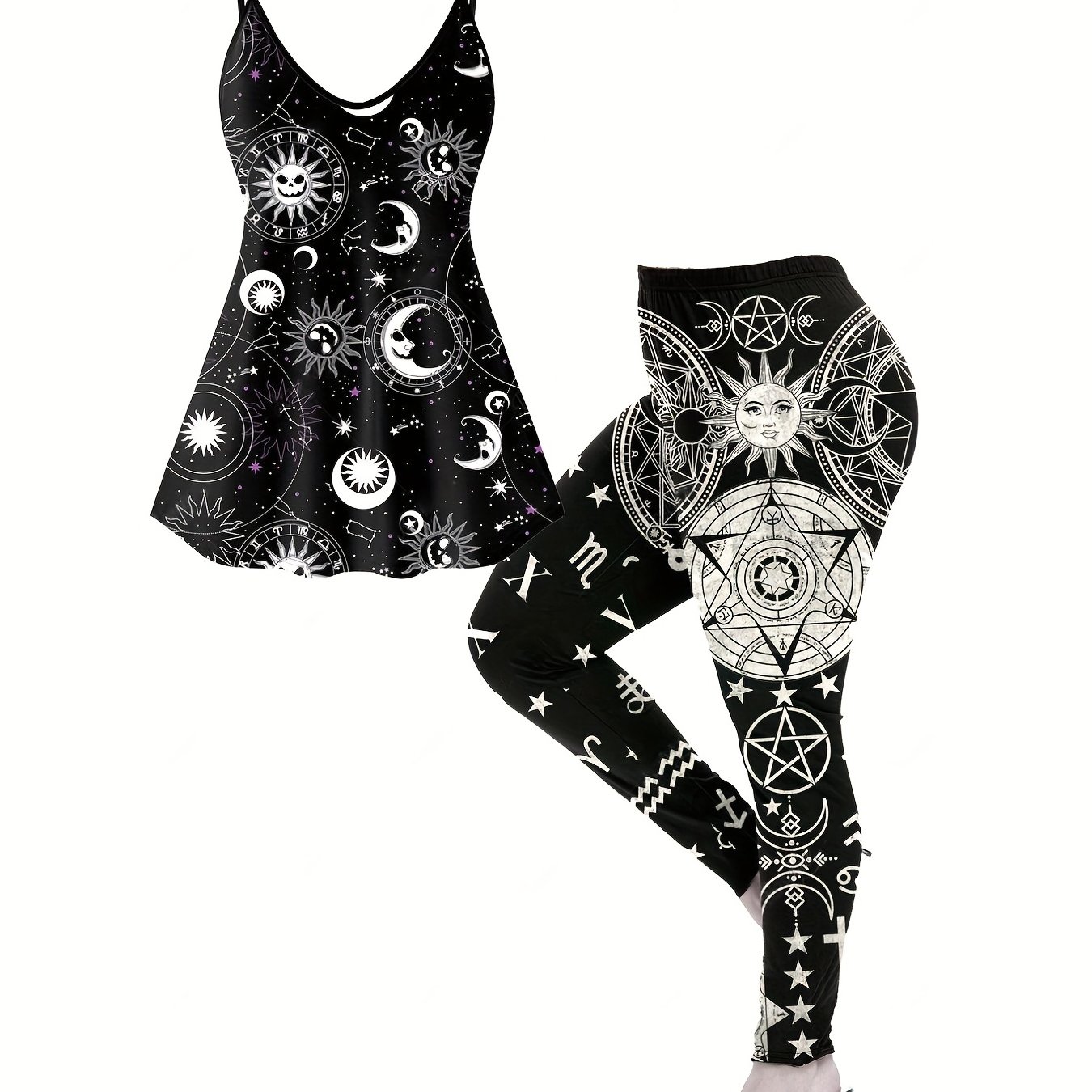 Plus Size Goth Outfits Set Womens Plus Glitter Sun Moon Print V Neck Cami  Top High Waist Slimming Leggings Outfits Two Piece Set, Quick & Secure  Online Checkout