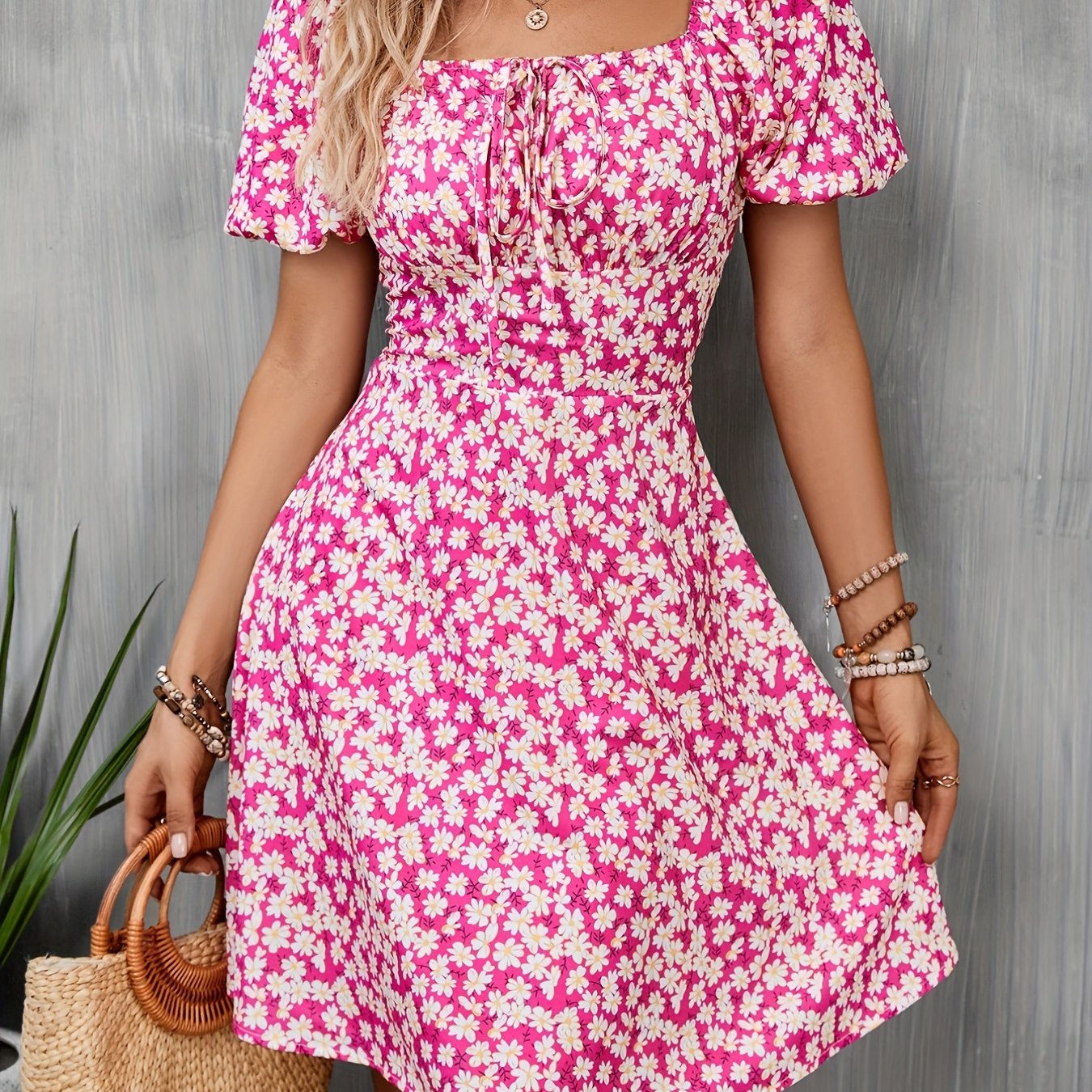 Ditsy Floral Print Square Neck Dress Casual Short Sleeve - Temu