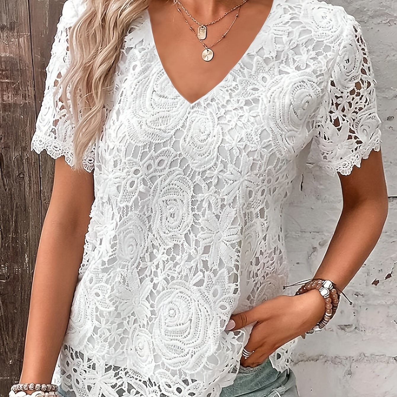 TEMU [popular ] Chic V-neck Short Sleeve Blouse With Floral Lace Detail, Semi-sheer Polyester And Spandex, Machine Washable - Spring/summer/fall, Classic Solid Color, Cute, Fitted, Blouse