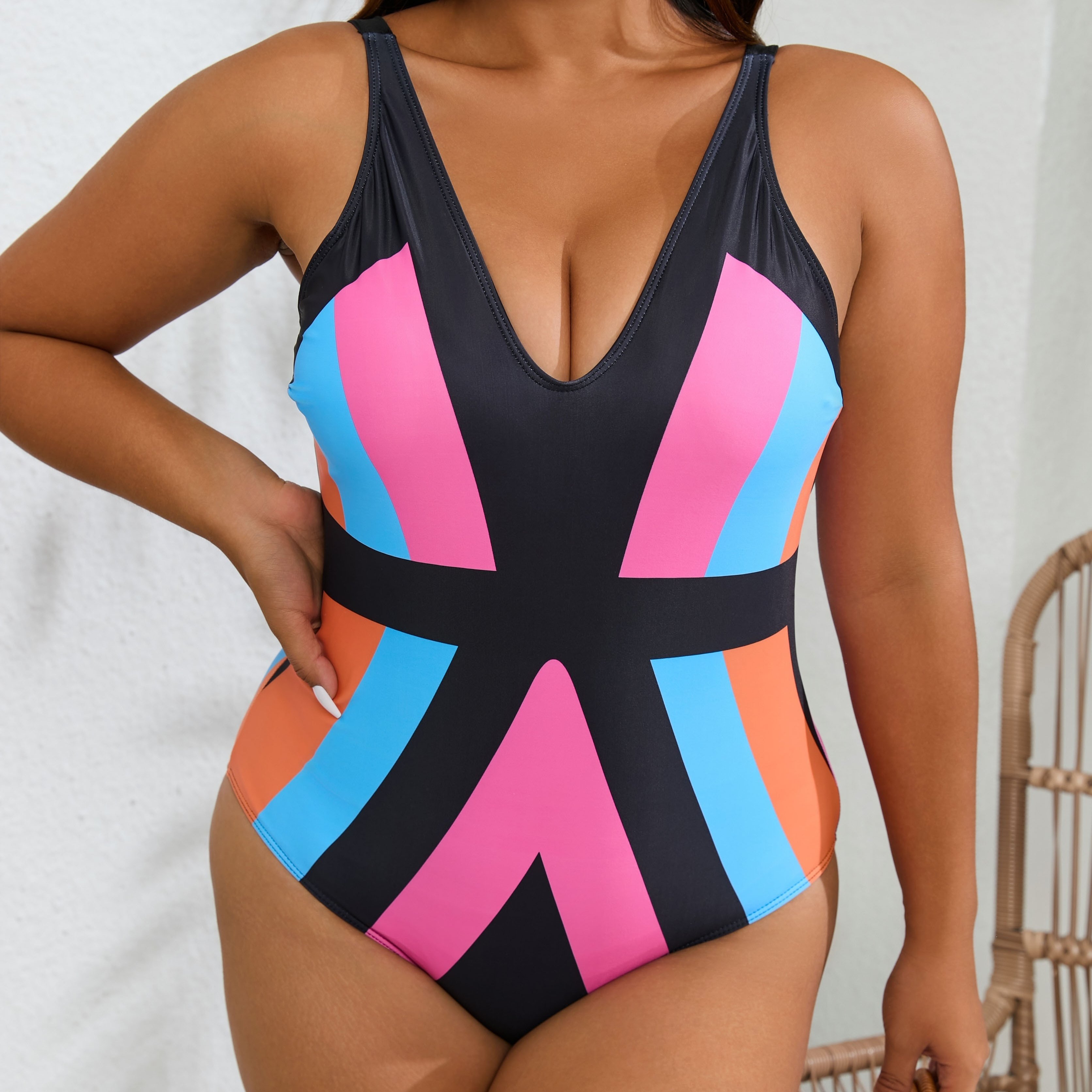 Women's Vibrant Two toned Swimsuit V neck Bathing Suit Semi - Temu