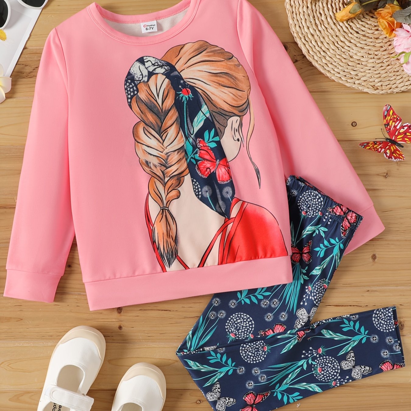 2pcs Kid Girl Figure Print Pink Sweatshirt And Floral Print Leggings Set, Perfect For Outdoor