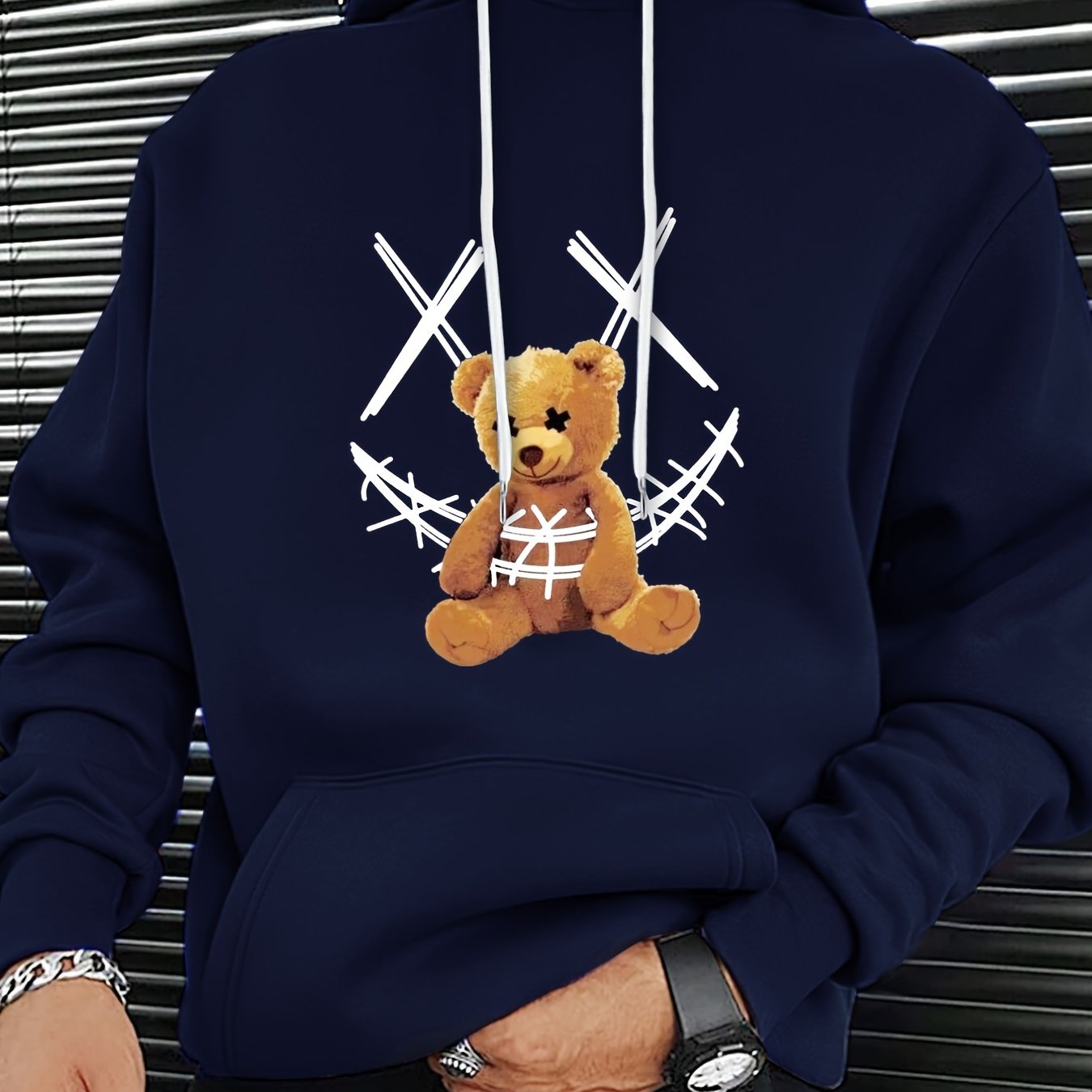 Teddy Bear Print Hoodie, Cool Hoodies For Men, Men's Casual Graphic Design  Pullover Hooded Sweatshirt With Kangaroo Pocket Streetwear For Winter Fall