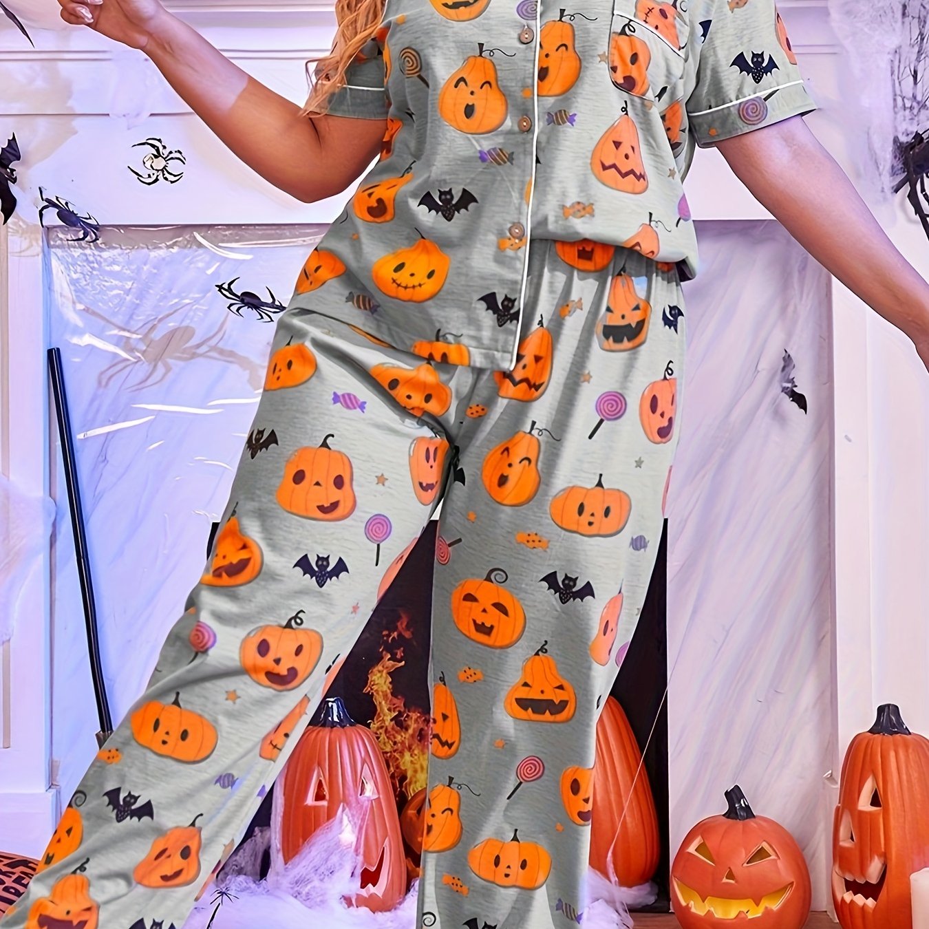 GSTARI Women's Plus Halloween Casual 2pcs Pajama Set, Women Plus Size Two  Piece Set, Plus Size Pumpkin Print Trim Cami Top & Shorts Pajama Set Yellow  at  Women's Clothing store