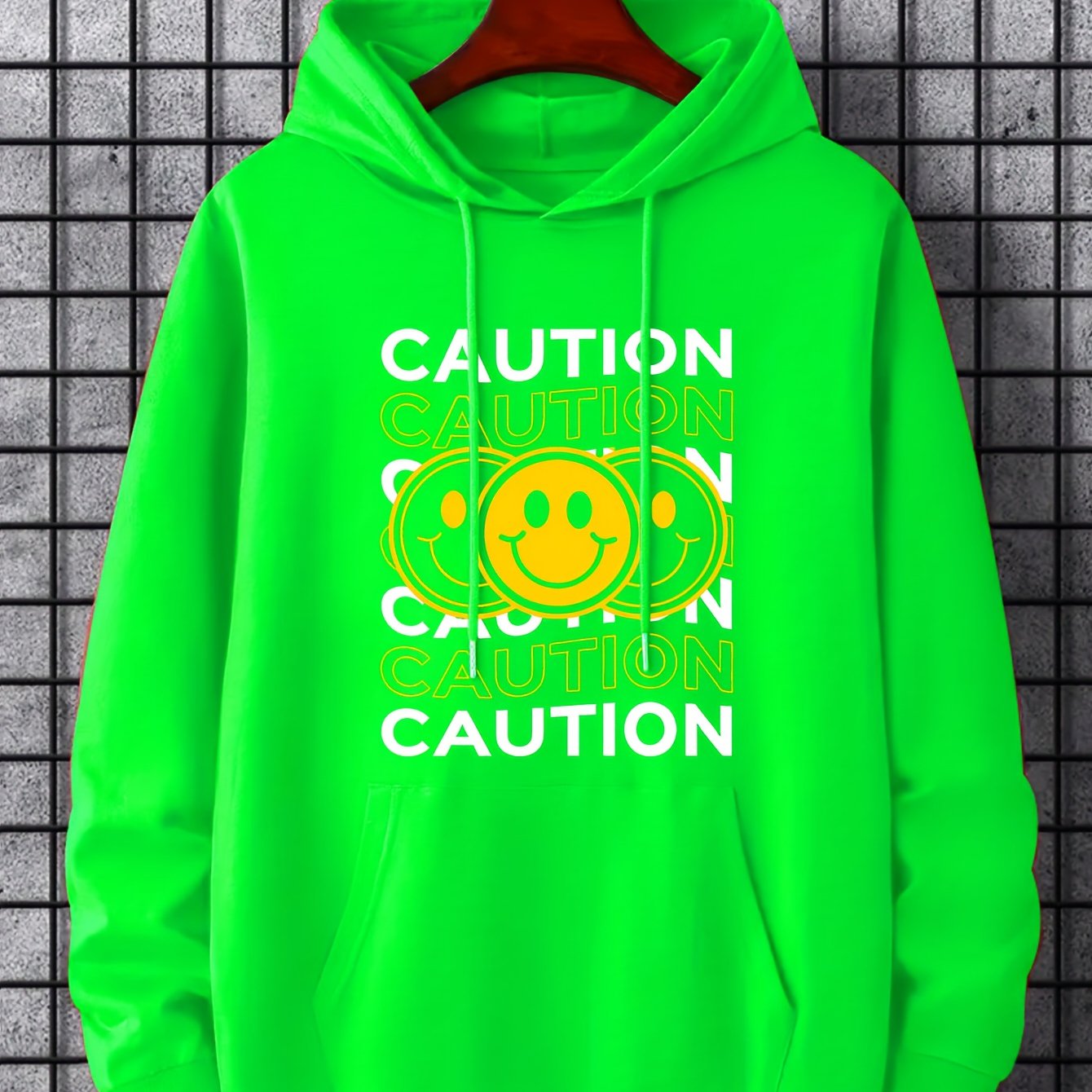 Caution Letter & Smiling Face Pattern Men's Hoodie Sweatshirt With