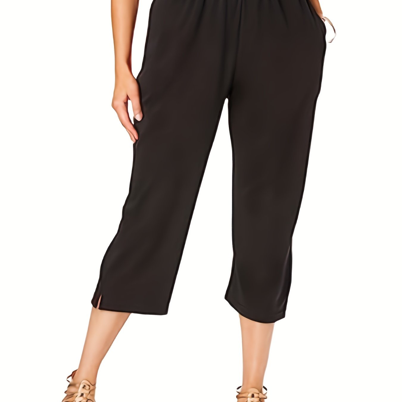 Plus Size Elegant Capri Pants, Women's Plus Solid Elastic Drawstring High  Rise Loose Capri Trousers With Pockets