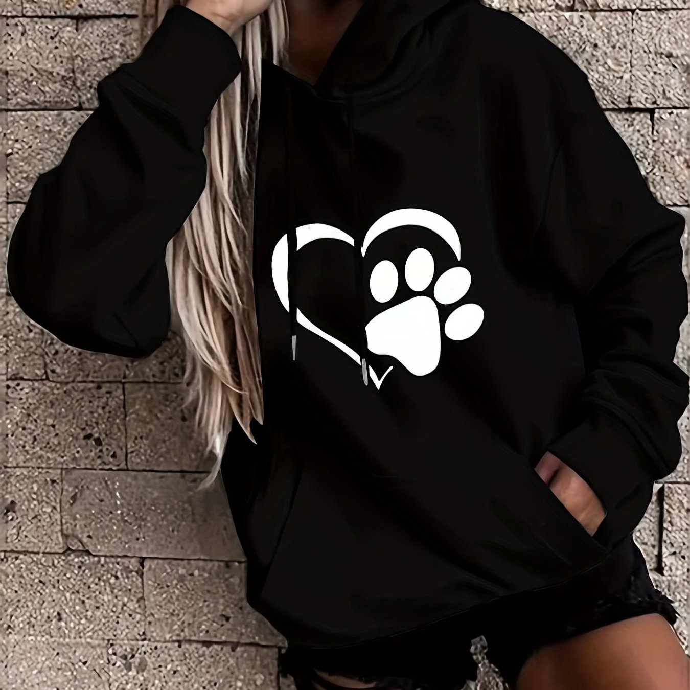 Plus Size Casual Sweatshirt, Women's Plus Paw Heart Print Long Sleeve Medium Stretch Drawstring Hoodie With Pocket