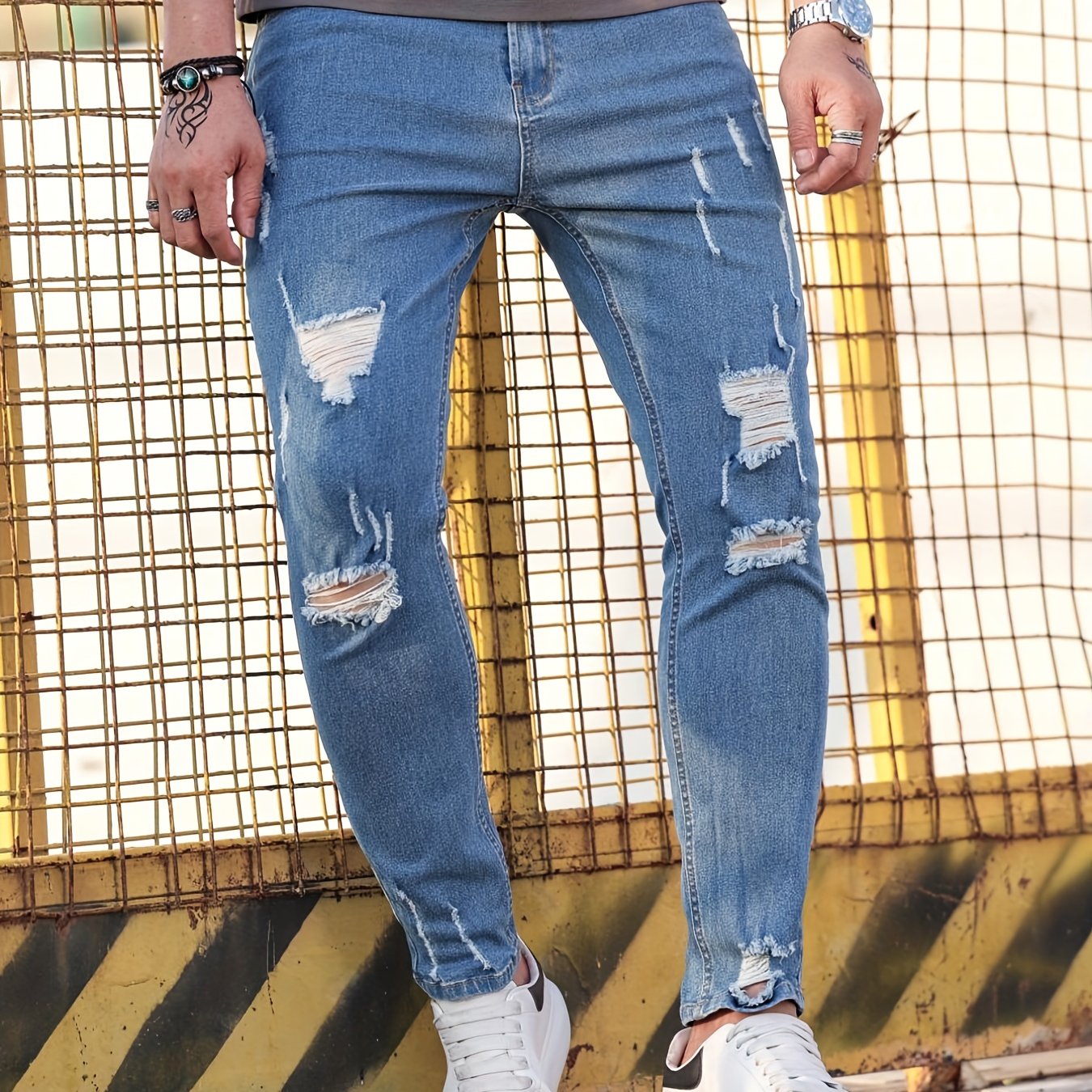 Slim Fit Ripped Cotton Jeans Men's Casual Street Style - Temu New