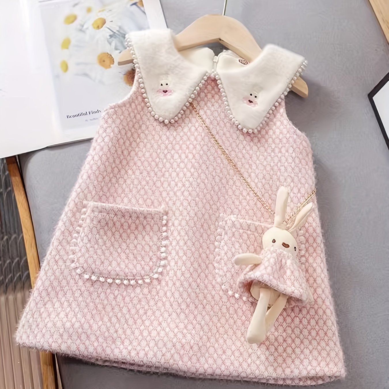 Image of Girls' Autumn Winter Fleece Vest Dress, Small Size Half Size, Pearl Plush Lapel A-line Dress With Rabbit Doll Bag, Winter Princess Vest Dress