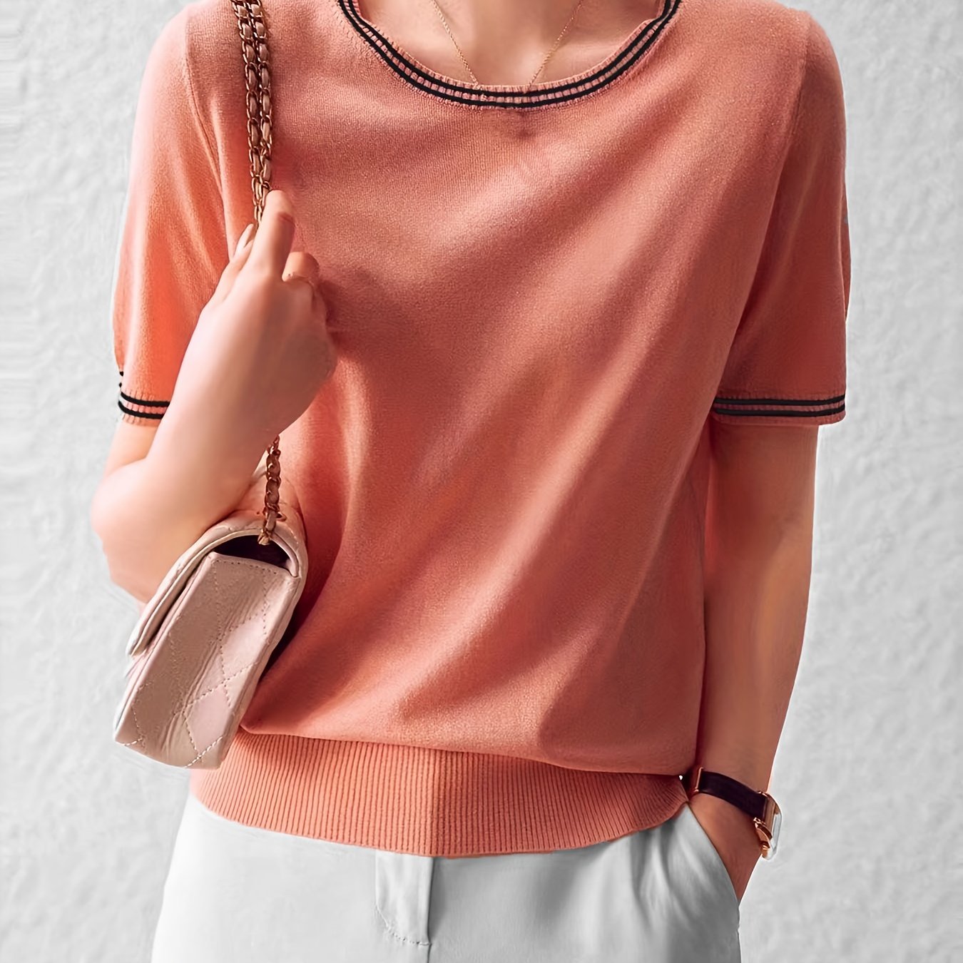 Image of Striped Crew Neck Knit Top, Casual Short Sleeve Trim Top For , Women's Clothing