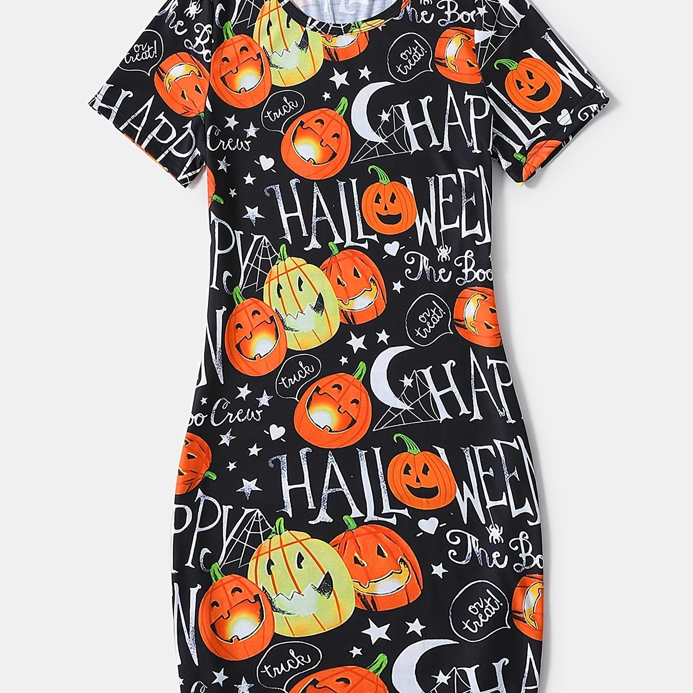 Halloween Party Family Matching Cotton Bat Graphic Short*sleeve T-shirts  And Allover Pumpkin Print Drawstring Ruched Bodycon Dresses Sets For Summer  - Temu Australia