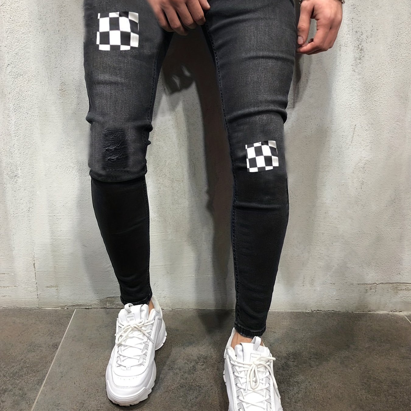 men's fit distressed checkered denim jeans Temu Oman