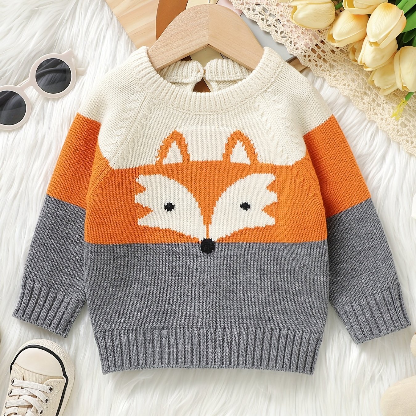 Image of Dovfanny & Cartoon Fox Knit Sweater - Soft Long Sleeve Pullover With Ribbed Trim, Cozy Autumn Winter Outfit For Unisex &, Winter Wear, Medium Elasticity Fabric,boys And Girls Clothes