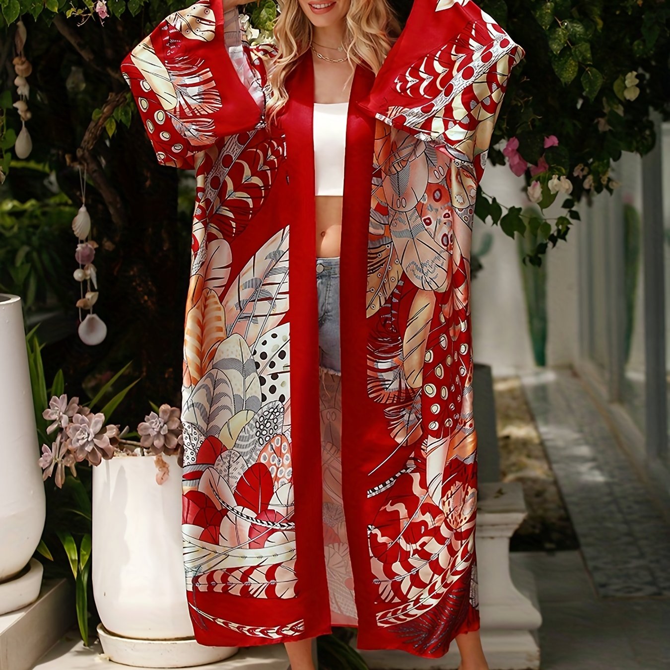 Image of Women's Summer Beach Vacation Long Sleeve Kimono Bikini Cover-up Dress In Ethnic Style
