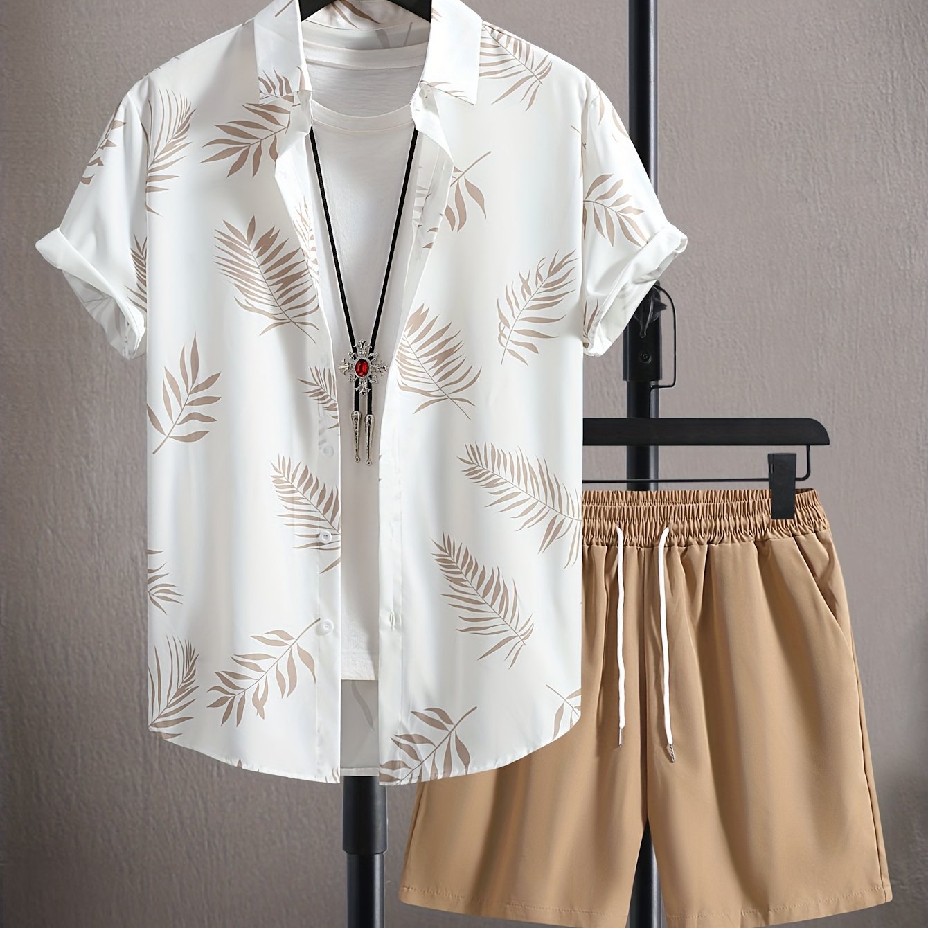 men's two-piece outfits, leaf print button up shirt and drawstring plain shorts, casual loose clothing for summer white