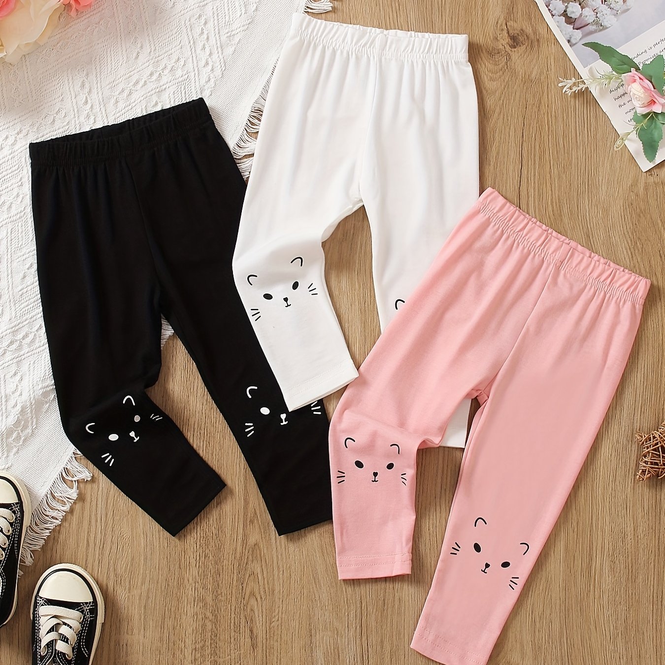 Image of 3pcs Cute Cat Print Joggers For Girls - Lightweight, Stretchy Fabric, Skinny Fit, Spring/fall Essentials, Casual Wear, Casual Wear Joggers| Print Joggers|stretchy Material, For Outdoor
