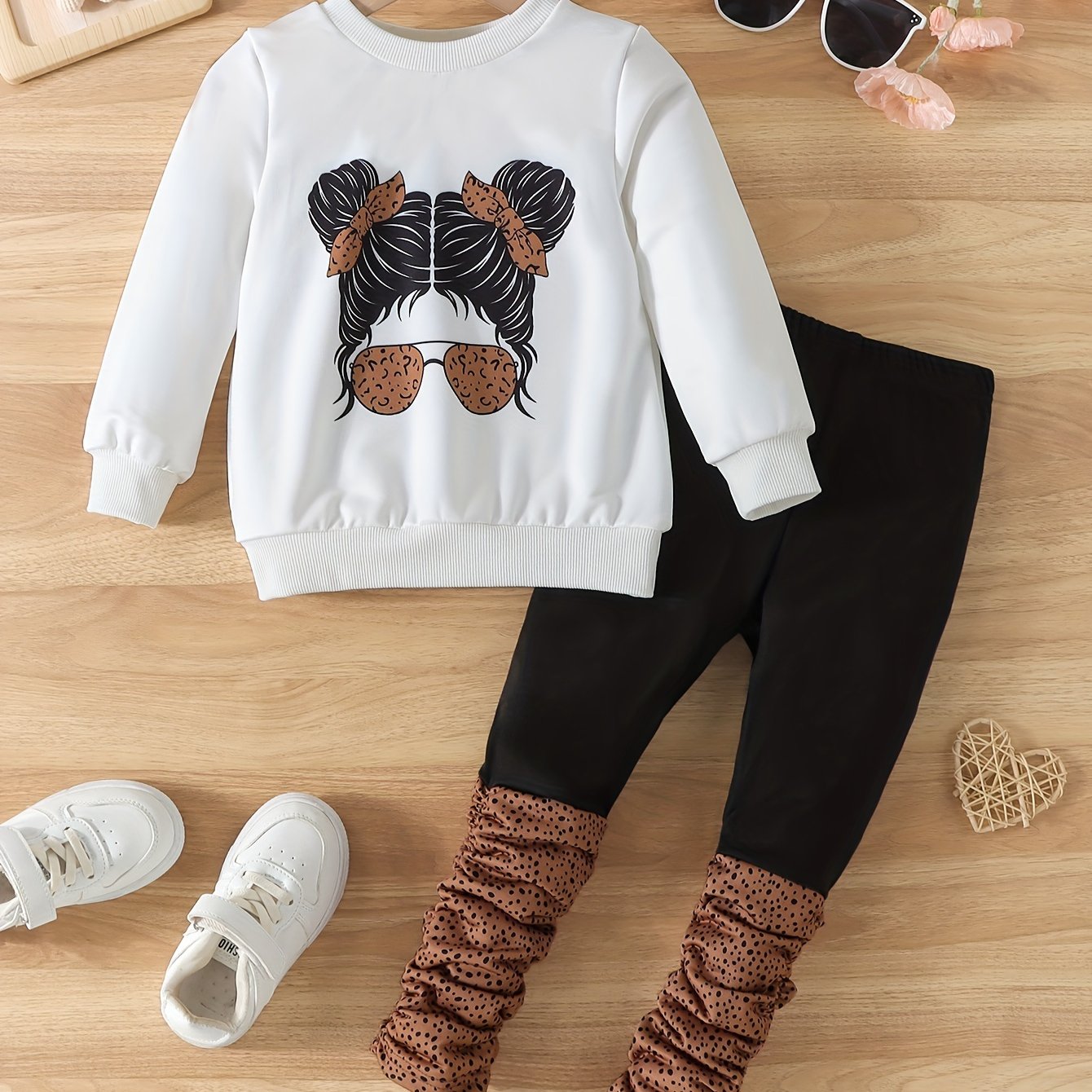 Image of 2pcs Girls' Autumn Portrait Print Crew Neck Long Sleeve Sweatshirt And Floral Ruffle Long Pants Set, Perfect For Outdoor
