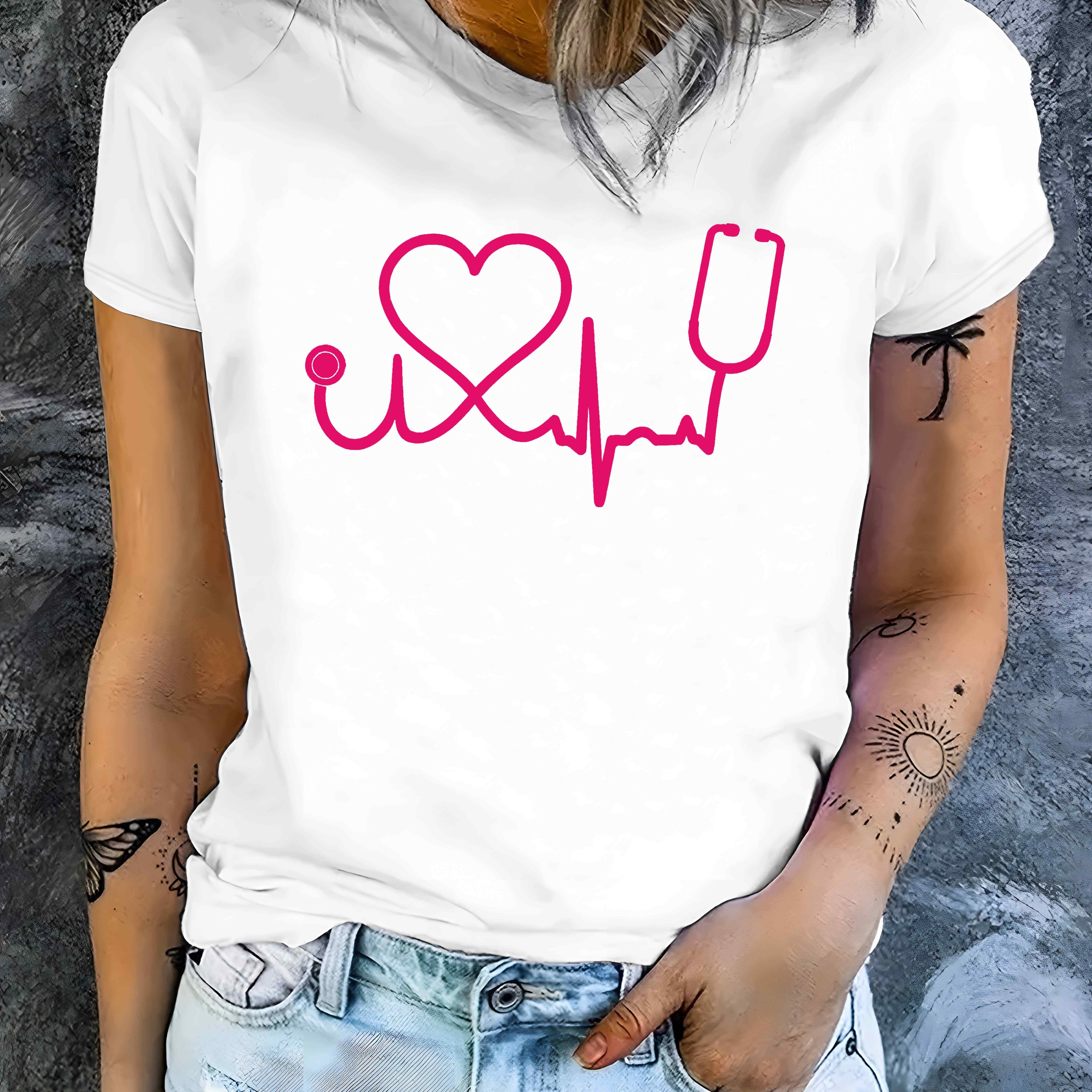 E-shop Damen Pflegeberuf-Druck T-Shirt – Stethoskop & Gesundheitswesen Schriftzug, Rundhals Casual Uniform oder CNA Scrubs, Maschinenwaschbare