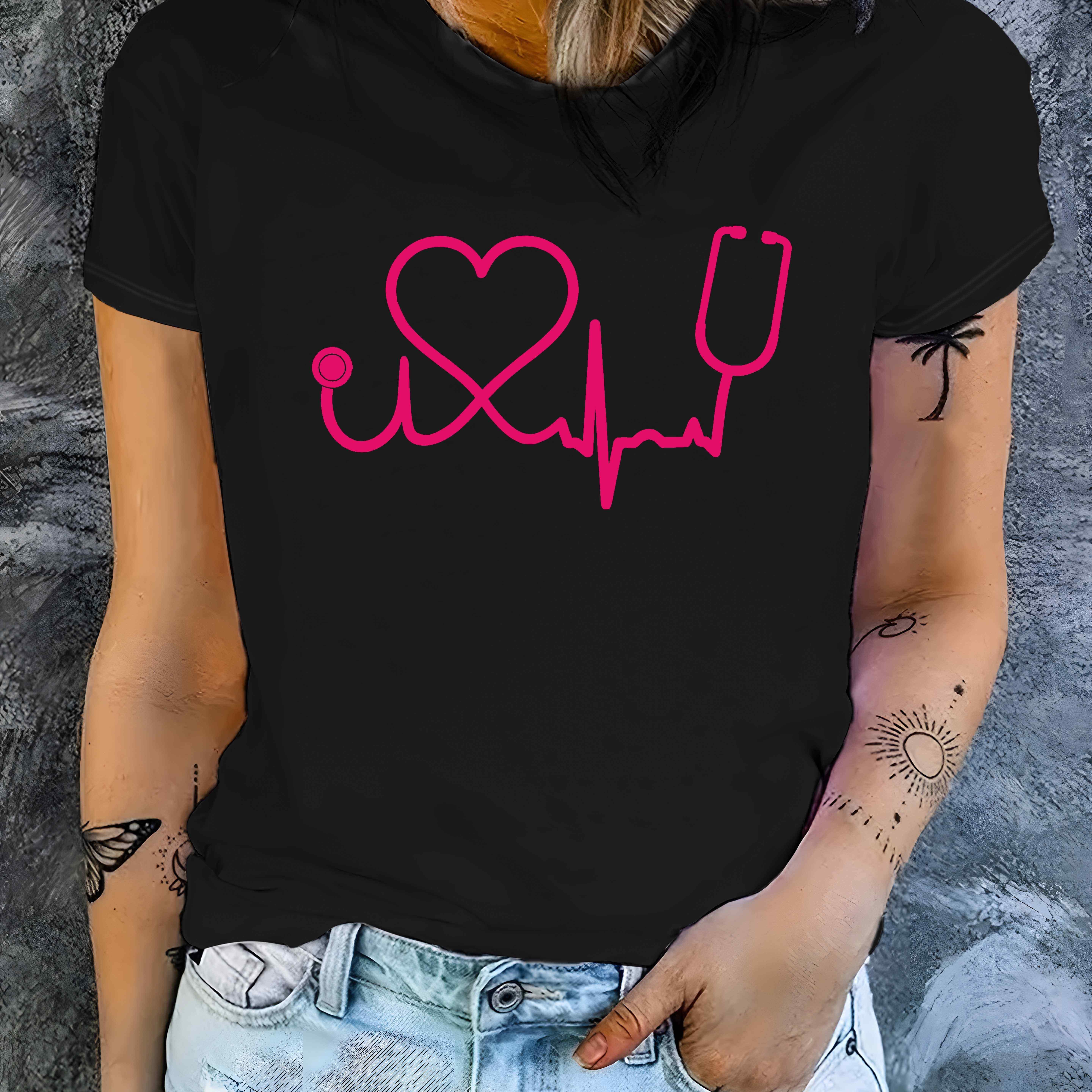 TEMU Women's Casual Nurse-themed T-shirt With Heart And Stethoscope Print, Soft Polyester Blend, Machine Washable - Medical Professionals