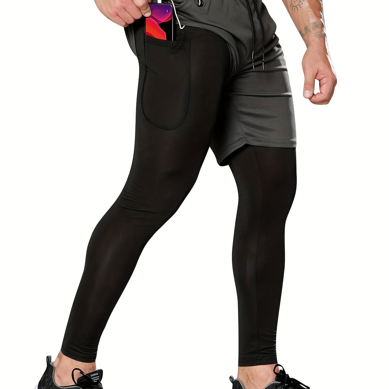 Oebld Men's 2-in-1 Workout Shorts With Pocket, High Stretch Compression Pants With Shorts For Fitness