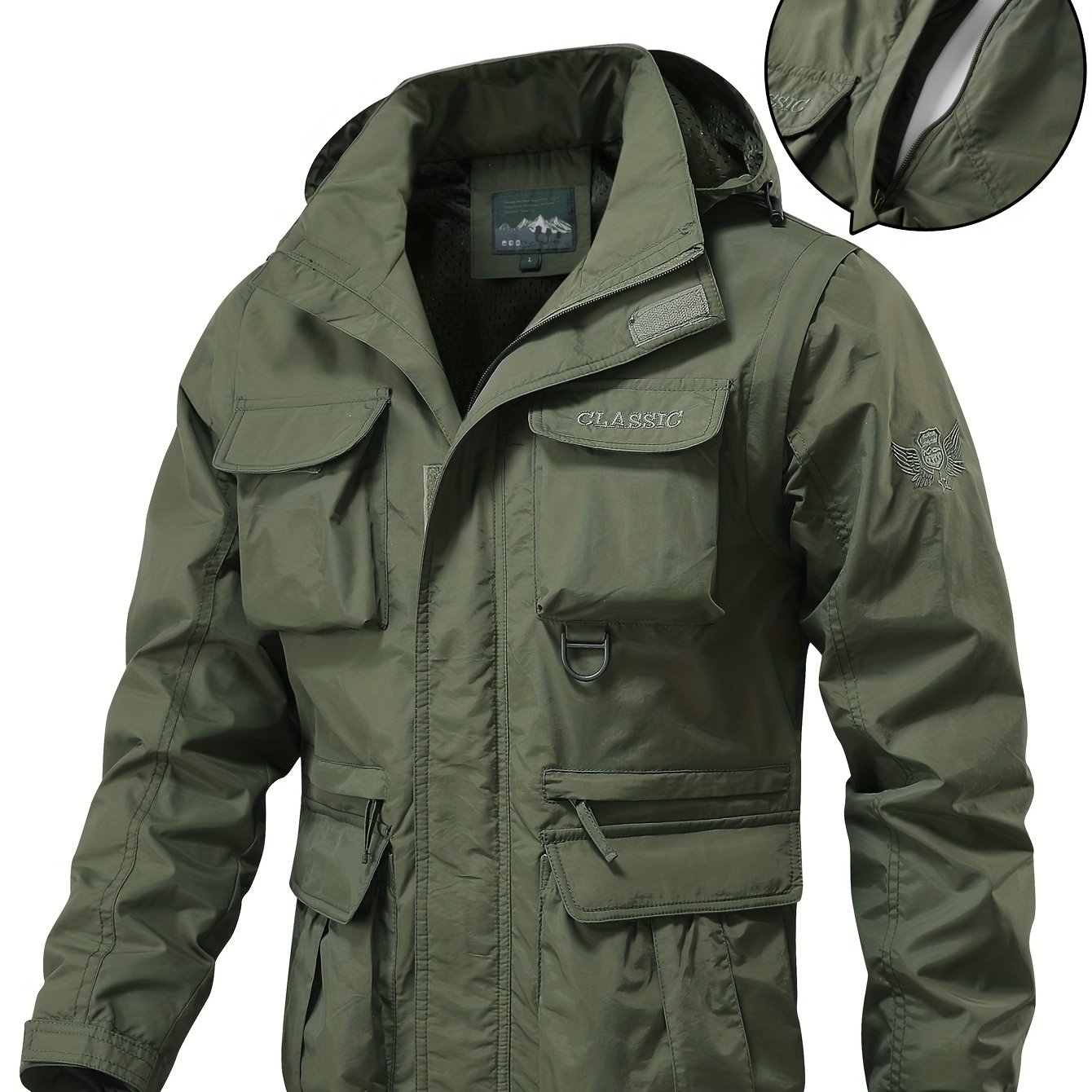 Detachable Windbreaker Hooded Jacket, Men's Casual Waterproof Multi Pocket  Cargo Jacket Vest For Outdoor Activities