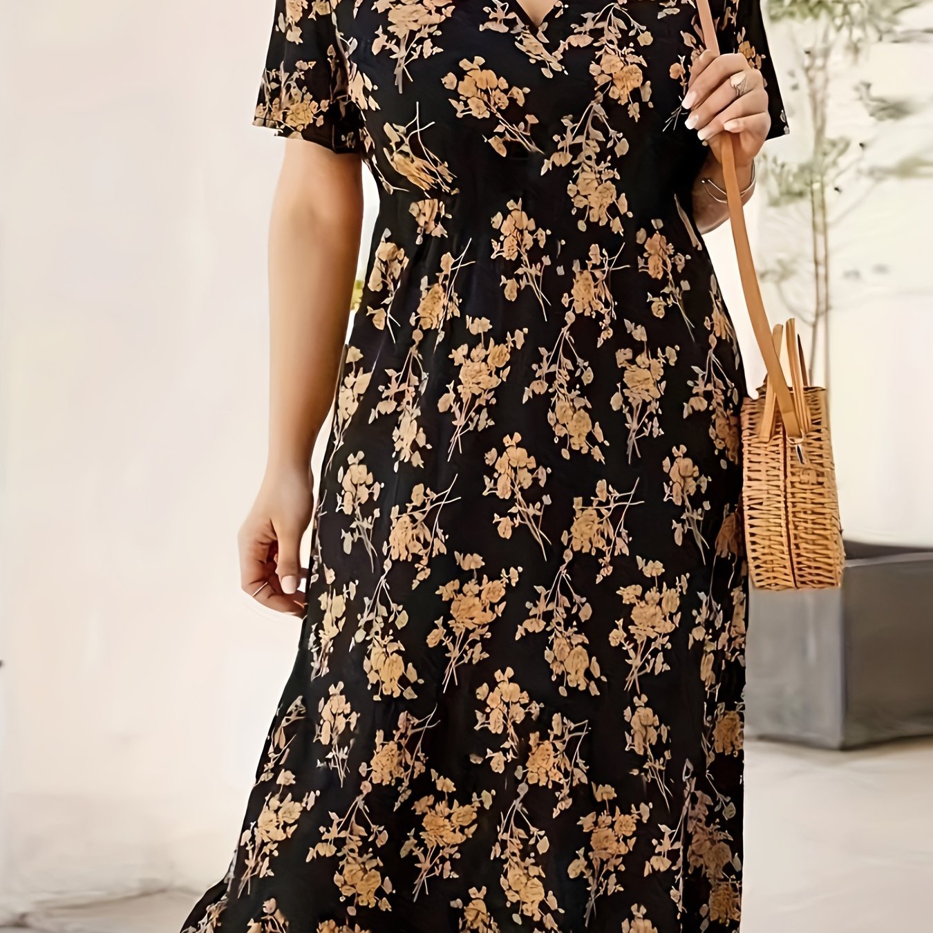 TEMU Vestido De Cintura Alta Con Estampado Floral, Vestido Midi Boho Con Cuello En V Y Mangas Cortas, Ropa De Mujer