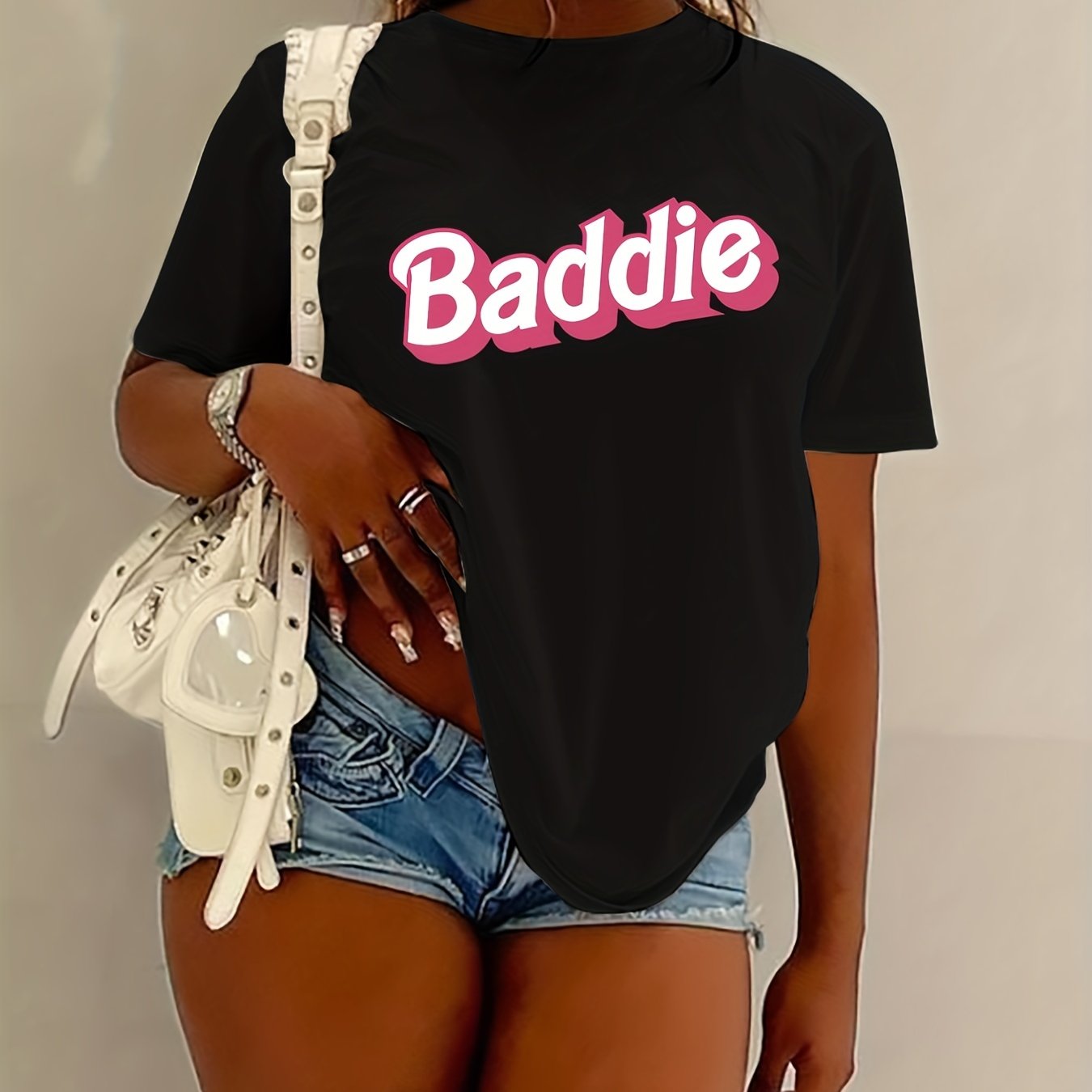 Baddie Print Crew Neck T shirt Casual Short Sleeve Drop - Temu Canada