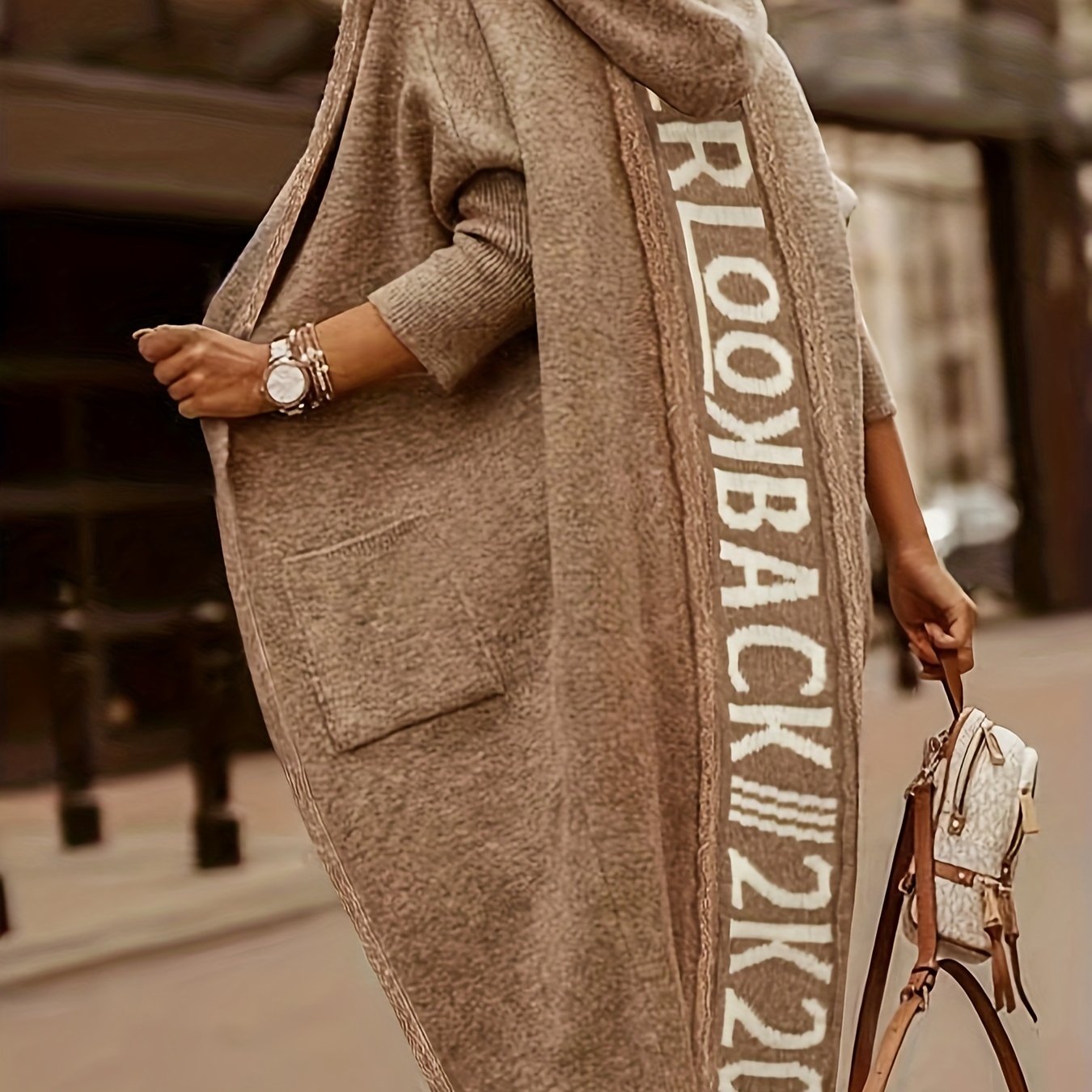 Image of Letter Print Open Front Hooded Cardigan, Casual Long Sleeve Cardigan For Fall & Winter, Women's Clothing