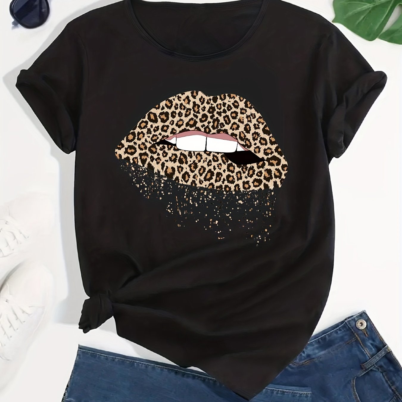 TEMU Fashion Leopard Print Lips Graphic Sports Short Sleeve T-shirts, Sports Slim Tops For Running, Women's Summer Tops