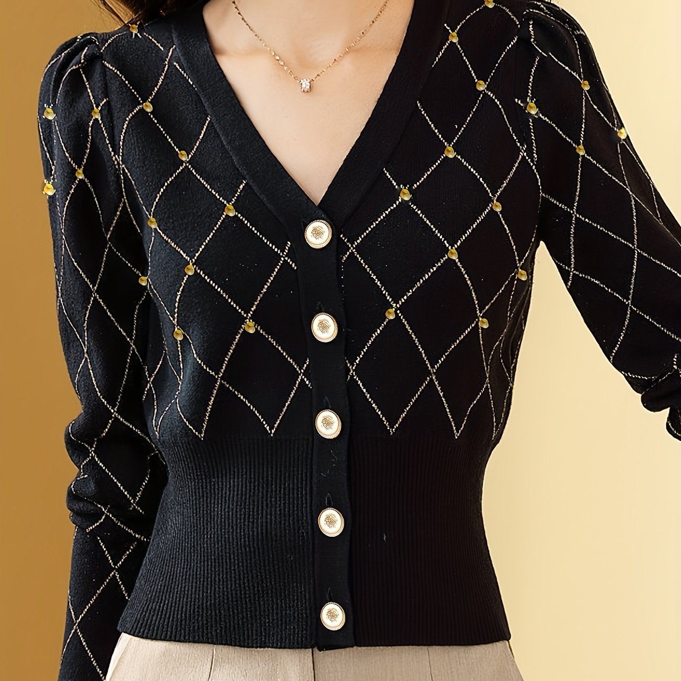 Plaid Beaded Cardigan, Elegant V-neck Long Sleeve Cardigan For Fall &  Winter, Women's Clothing