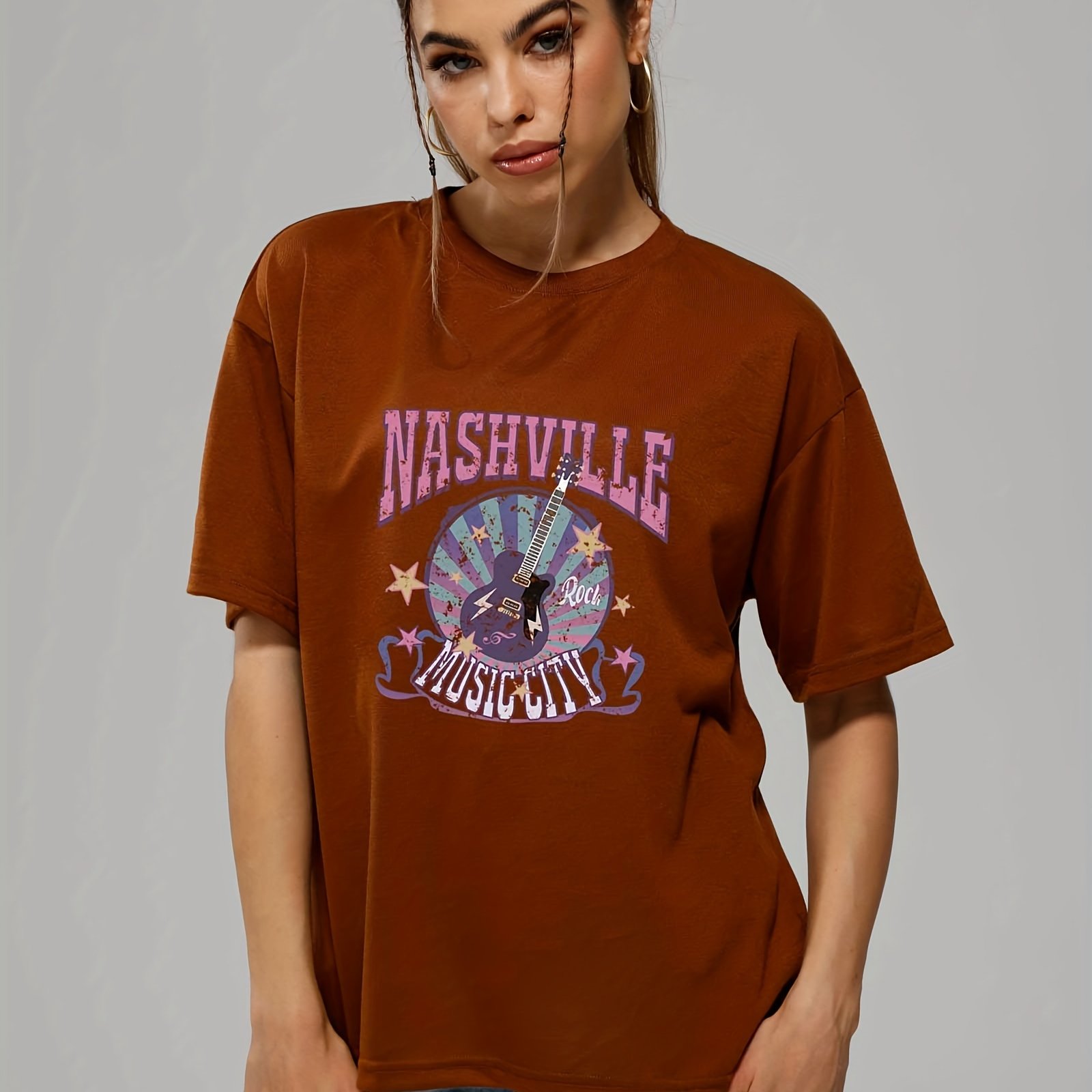 Letter Music City Guitar Graphic Tee Women Summer Versatile - Temu