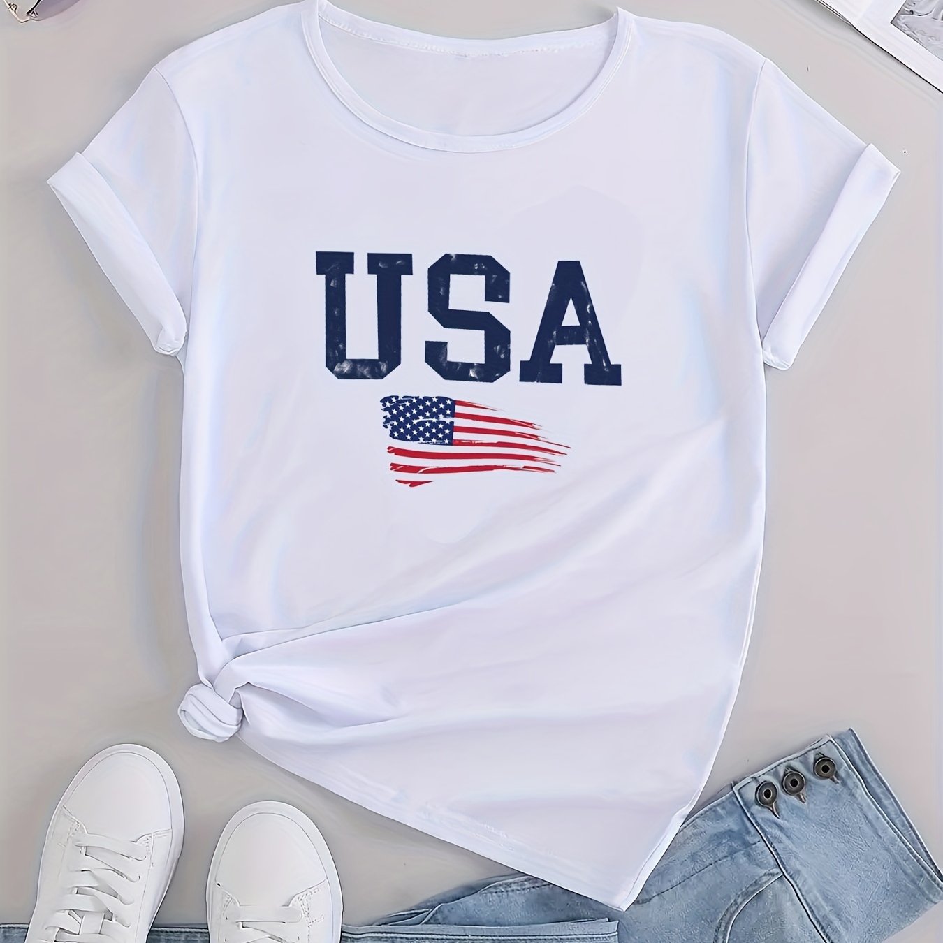 TEMU American Flag Graphic Casual Sports T-shirts, Usa Letter Fashion Round Neck Short Sleeve Tops For Women, Women's Tops