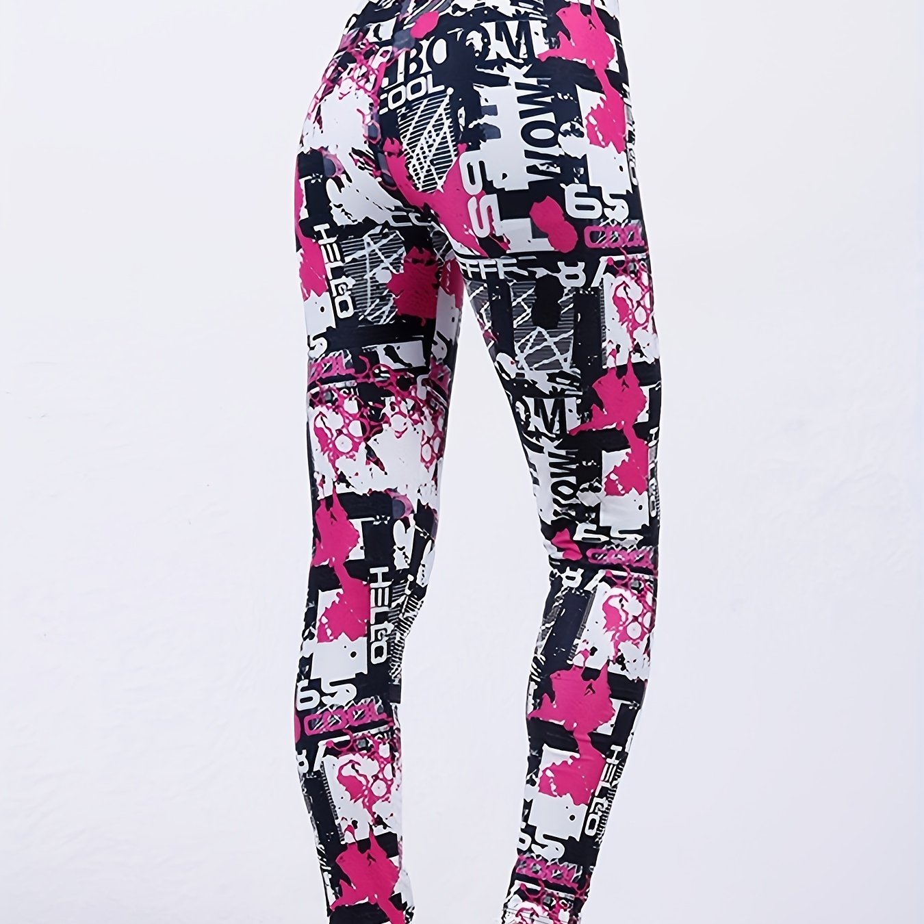 Image of Women's High-waisted Cropped Leggings, Polyester Knit Fabric, Elastic Waist, , Alphabet Pattern, Fashionable Letter Print, 180g/m², No Belt, Suitable For Going Out