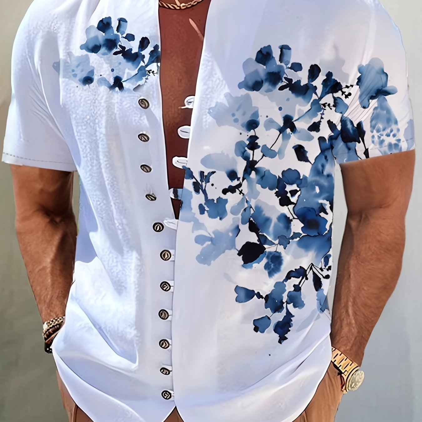 11-button Stand Collar Short Sleeve Shirt