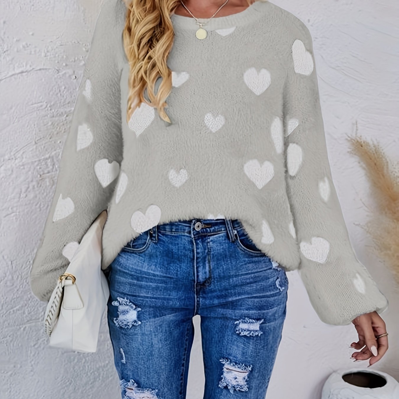 Women's Cute Heart Knitted Sweaters Crewneck Long Sleeve 2023 Fall Fashion  Pullover Sweaters Trendy Cozy Tops