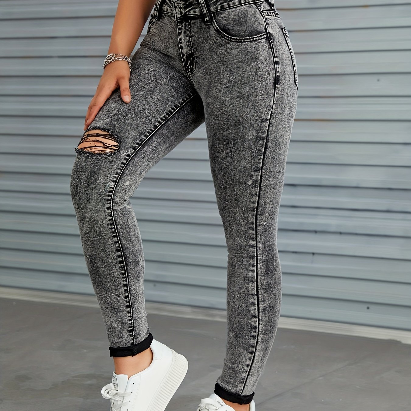 black ripped holes skinny jeans fit high stretch slant