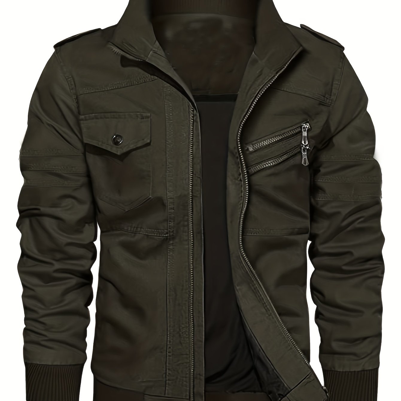 Men's Cargo Jacket Stand Collar Full Zip Up Military Jacket Casual Fall  Winter Solid Color Slim Fit Windproof Coat with Multi Pockets 