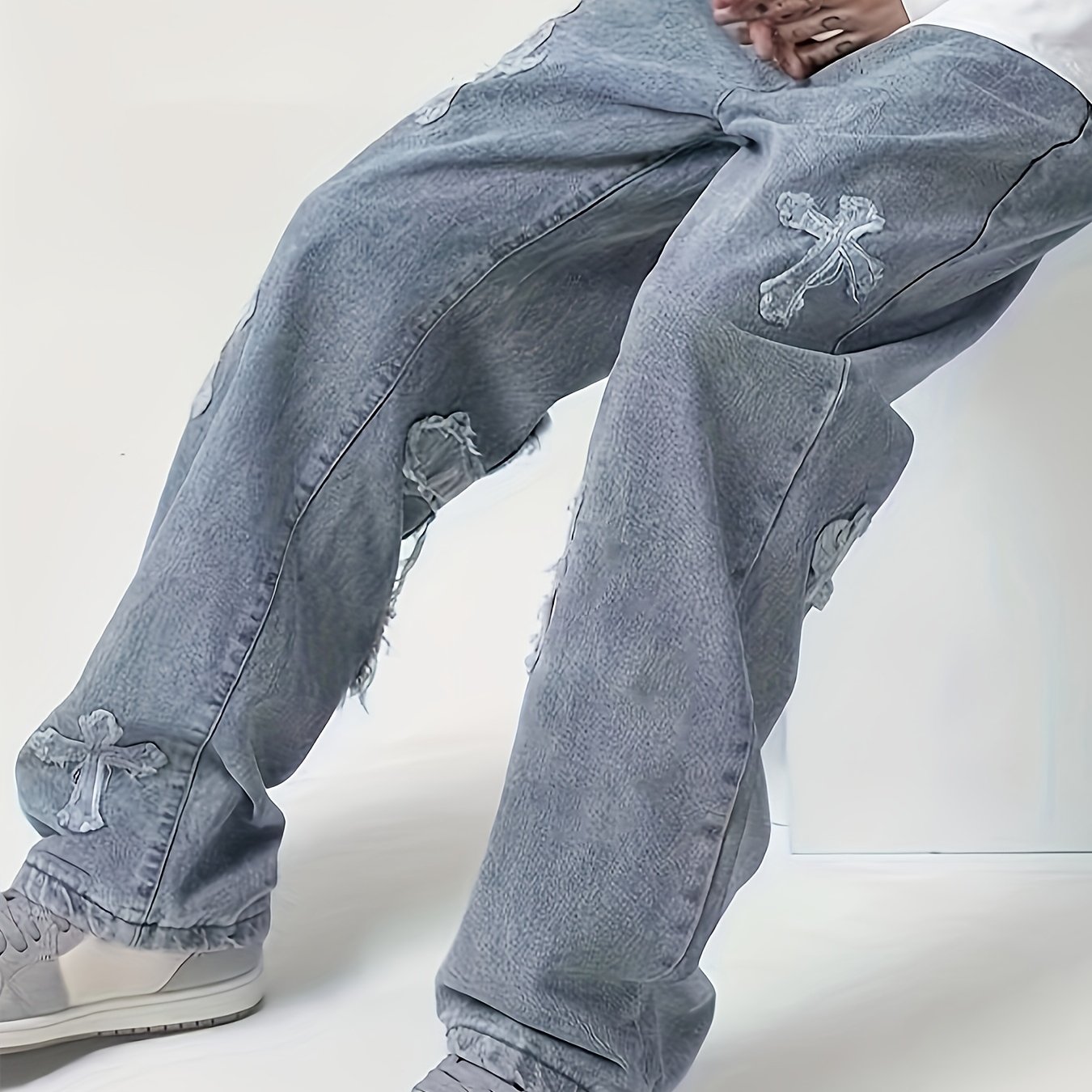 Y2k Men's Cross Pattern Baggy Jeans Casual Street Style - Temu Canada